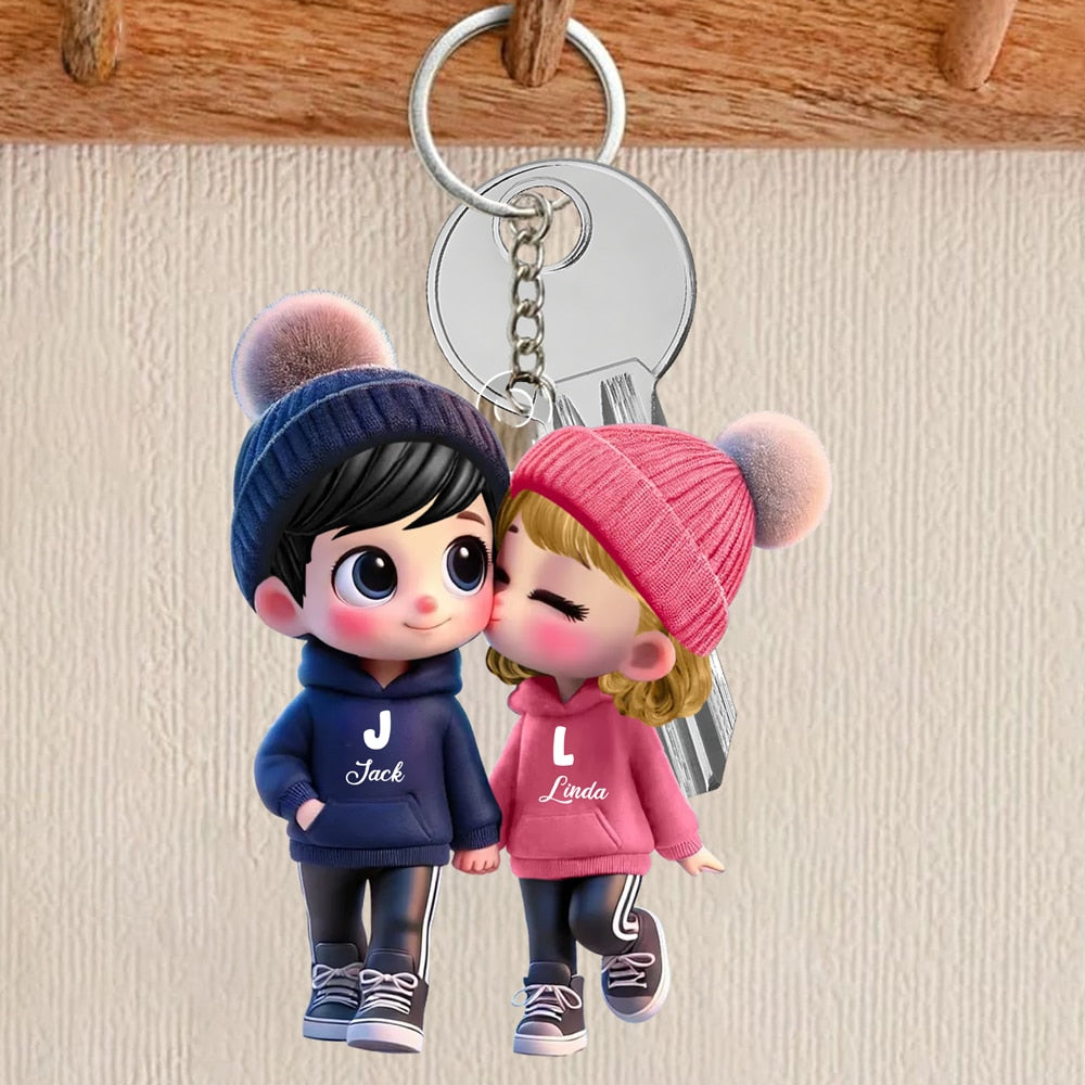 Personalized Acrylic Car Hanger - Cute Couple Kissing Moment - Custom Name Gift for Boyfriend & Girlfriend