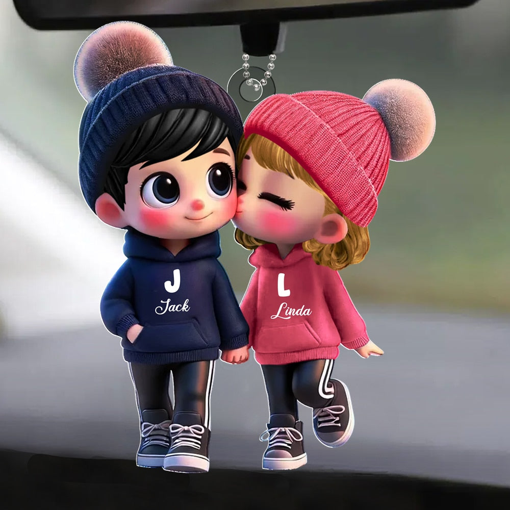 Personalized Acrylic Car Hanger - Cute Couple Kissing Moment - Custom Name Gift for Boyfriend & Girlfriend
