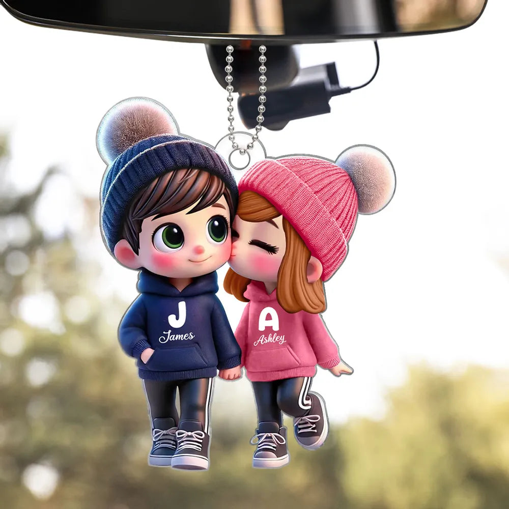 Personalized Acrylic Car Hanger - Cute Couple Kissing Moment - Custom Name Gift for Boyfriend & Girlfriend