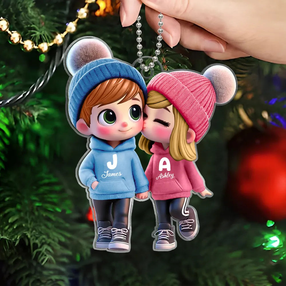 Personalized Acrylic Car Hanger - Cute Couple Kissing Moment - Custom Name Gift for Boyfriend & Girlfriend