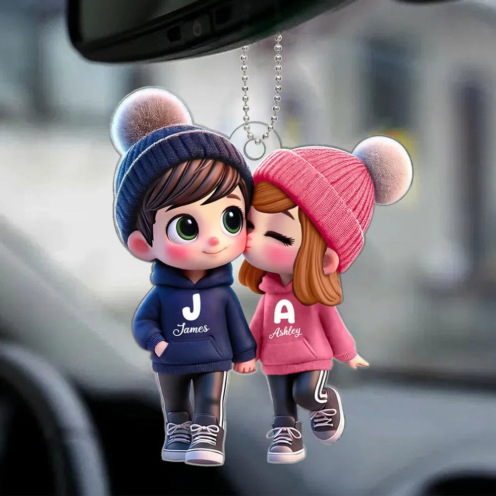 Personalized Acrylic Car Hanger - Cute Couple Kissing Moment - Custom Name Gift for Boyfriend & Girlfriend