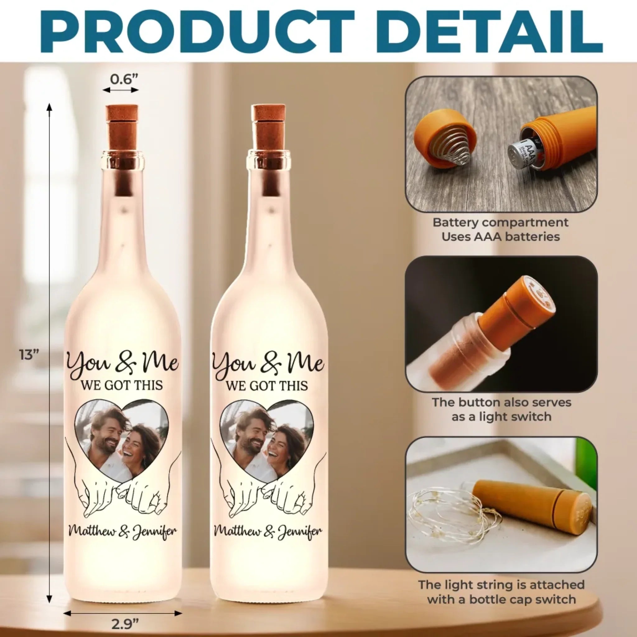 Custom Photo Bottle Lamp - Personalized Anniversary Wedding Gifts For Husband And Wife, Him And Her - Hand In Hand, We Conquer All