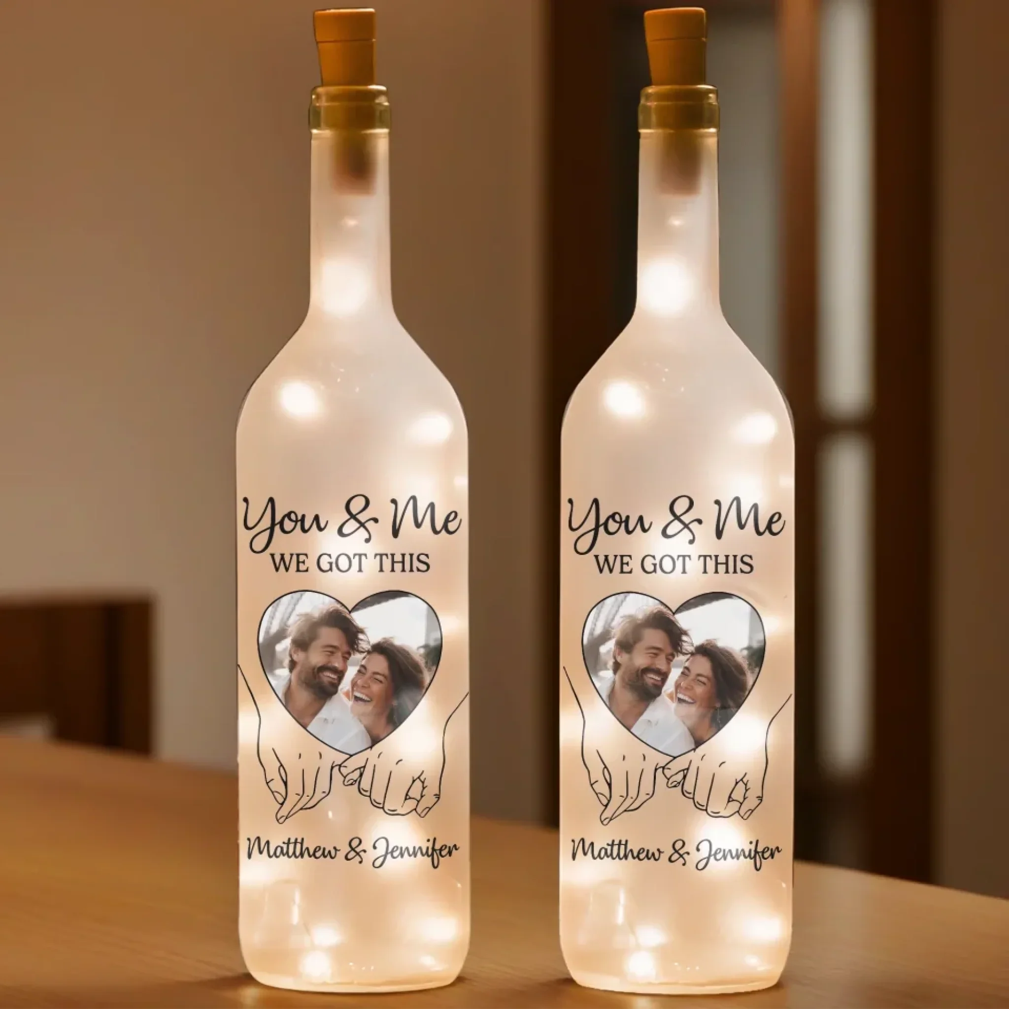 Custom Photo Bottle Lamp - Personalized Anniversary Wedding Gifts For Husband And Wife, Him And Her - Hand In Hand, We Conquer All
