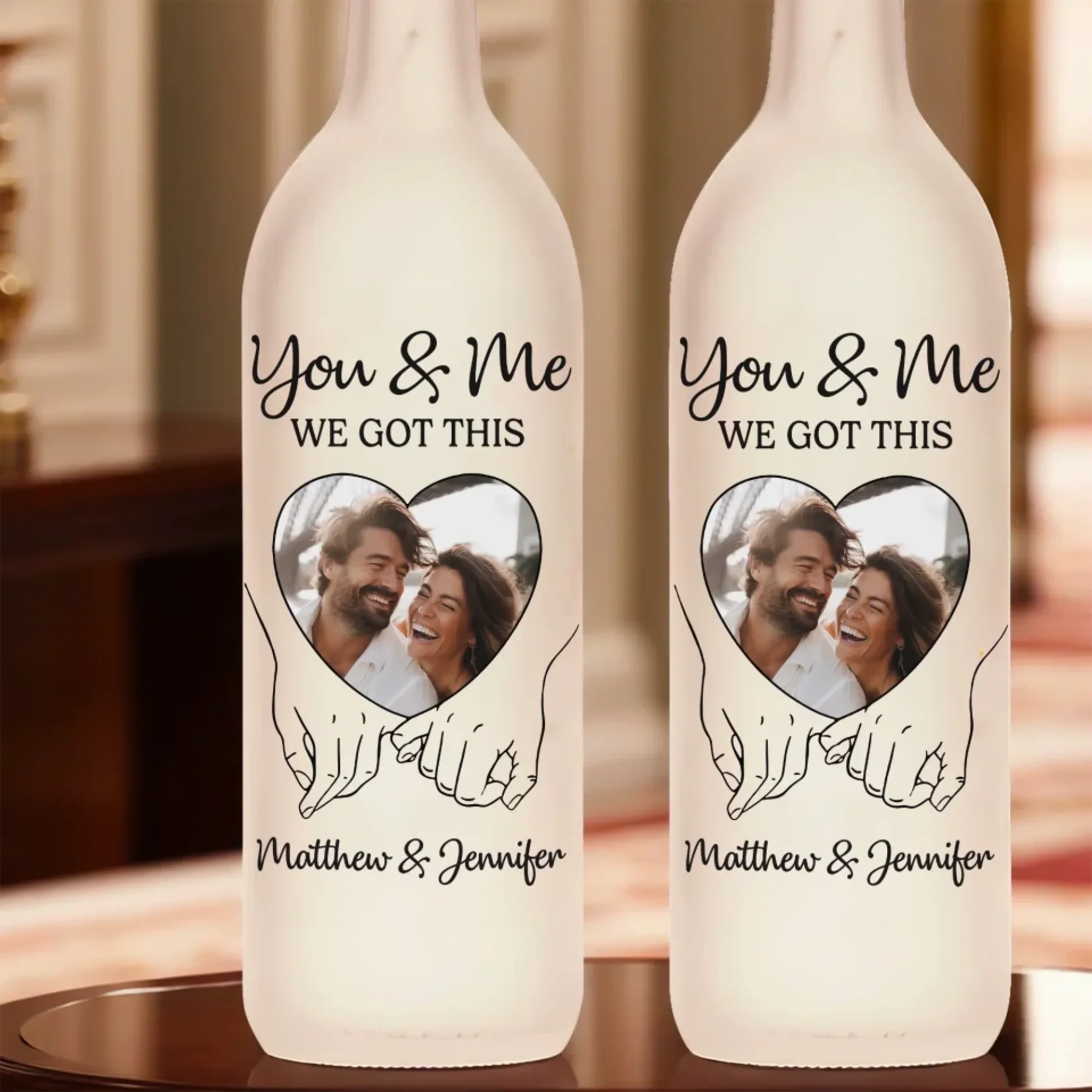 Custom Photo Bottle Lamp - Personalized Anniversary Wedding Gifts For Husband And Wife, Him And Her - Hand In Hand, We Conquer All
