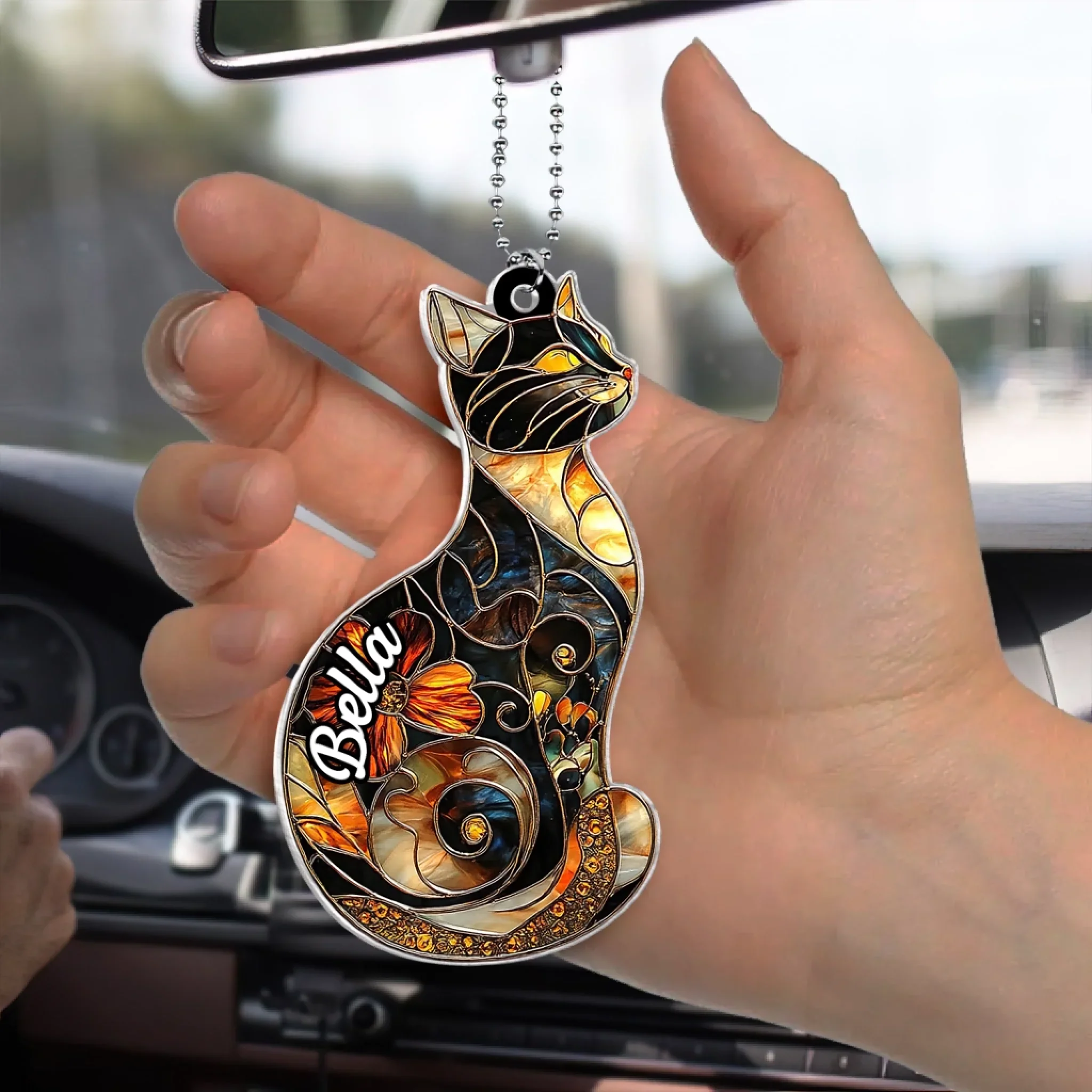 Vintage Floral Cat - Personalized Acrylic Car Hanger, Gift for Cat Lover, Cat Flowers Car Decor