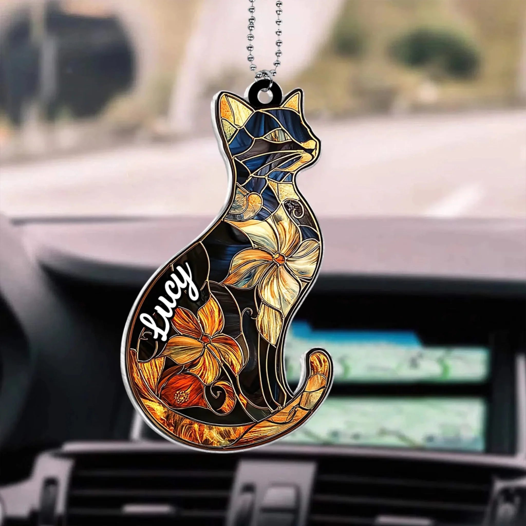 Vintage Floral Cat - Personalized Acrylic Car Hanger, Gift for Cat Lover, Cat Flowers Car Decor