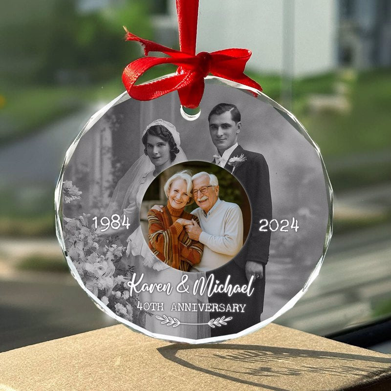 Personalized Wedding Anniversary Glass Ornament with Then and Now Photos, Custom Golden/Silver Anniversary Keepsake, Gift for Parents Grandparents