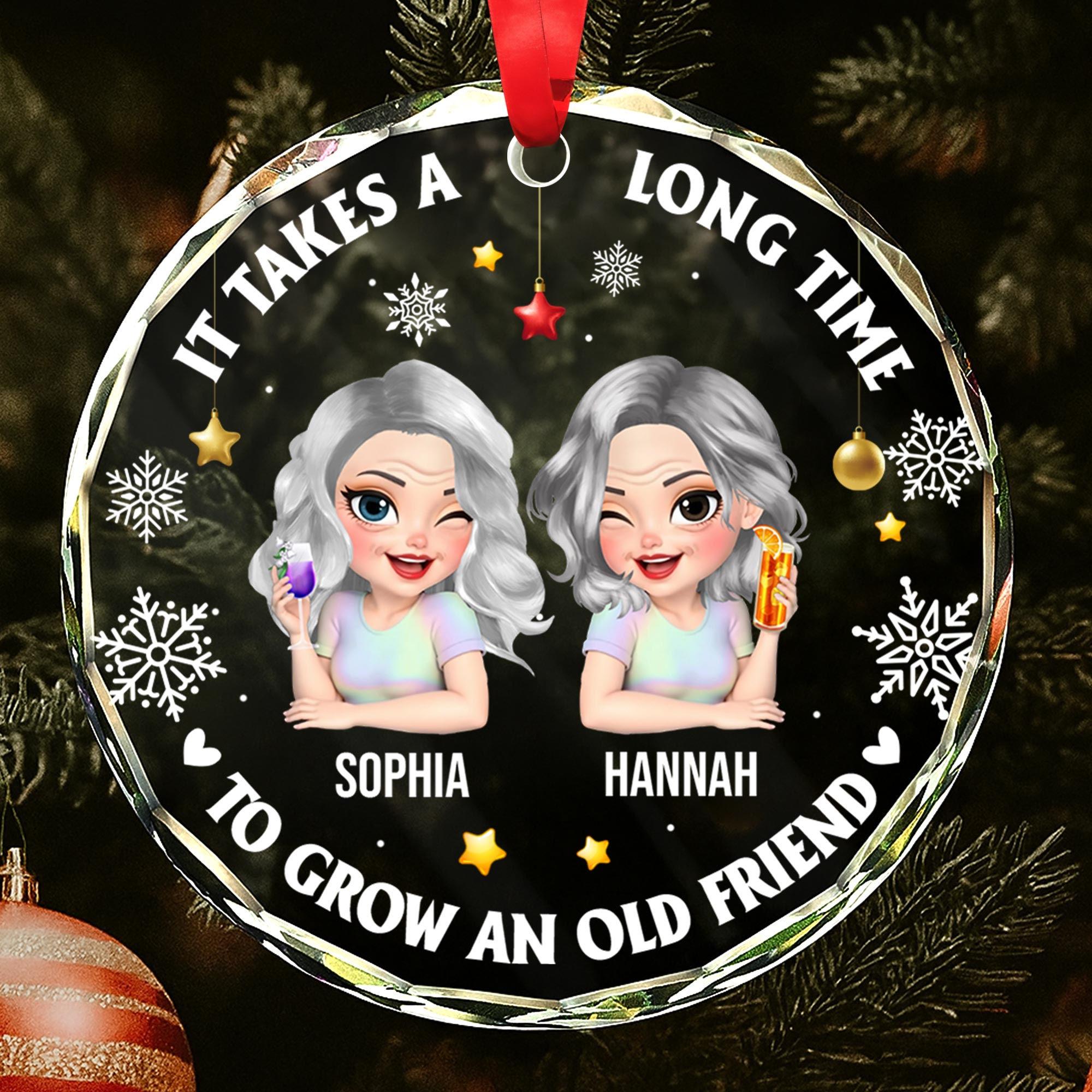 It Takes A Long Time To Grow An Old Friend, Stars And Snowflakes - Personalized Custom Circle Glass Ornament