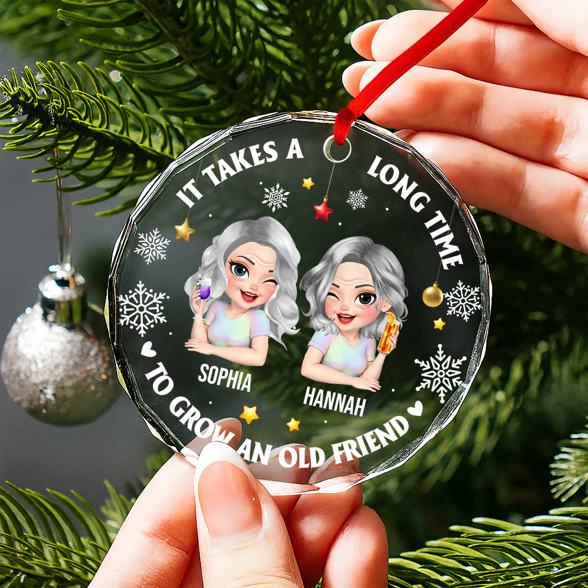It Takes A Long Time To Grow An Old Friend, Stars And Snowflakes - Personalized Custom Circle Glass Ornament
