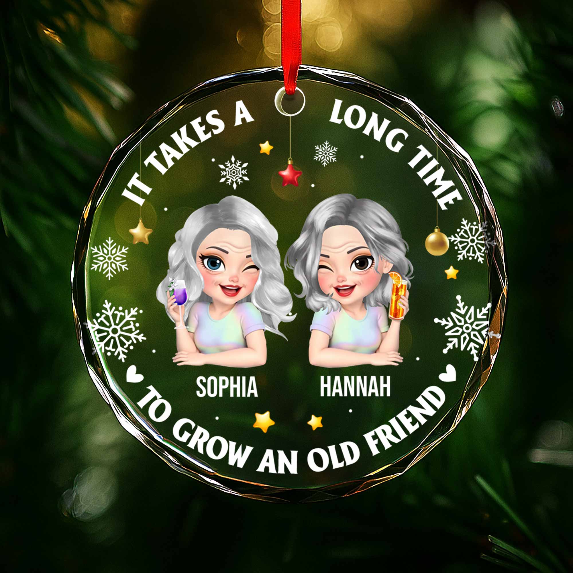 It Takes A Long Time To Grow An Old Friend, Stars And Snowflakes - Personalized Custom Circle Glass Ornament
