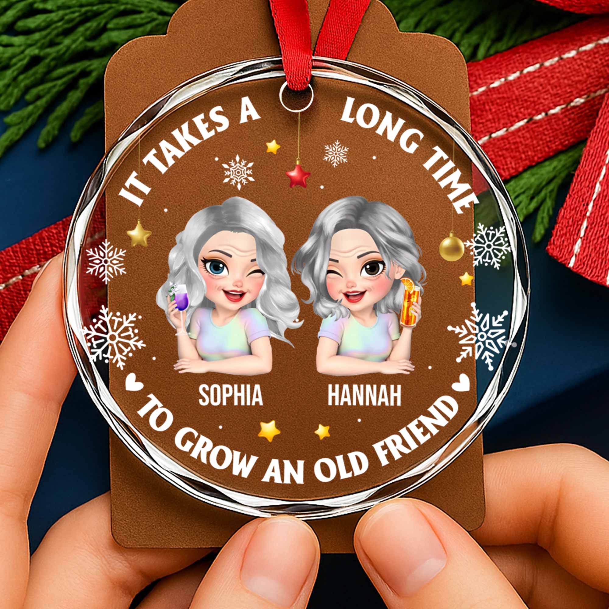 It Takes A Long Time To Grow An Old Friend, Stars And Snowflakes - Personalized Custom Circle Glass Ornament