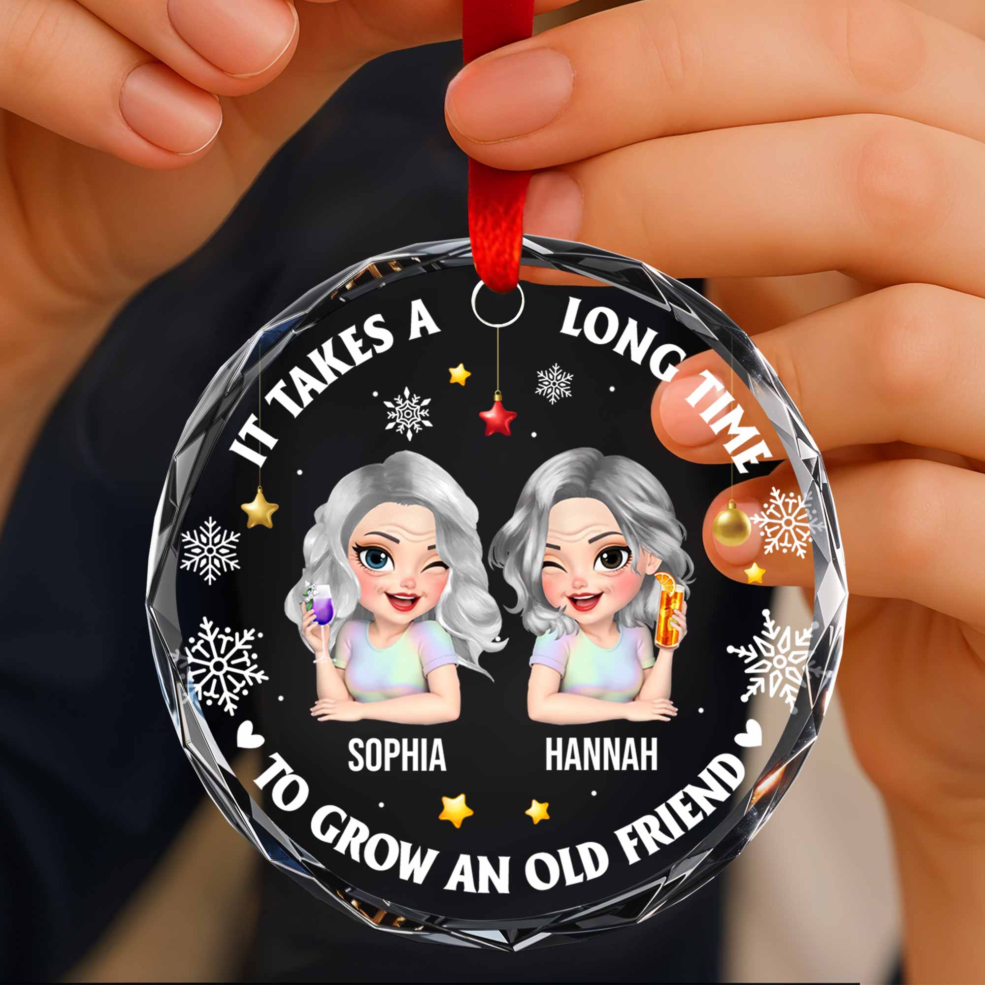 It Takes A Long Time To Grow An Old Friend, Stars And Snowflakes - Personalized Custom Circle Glass Ornament