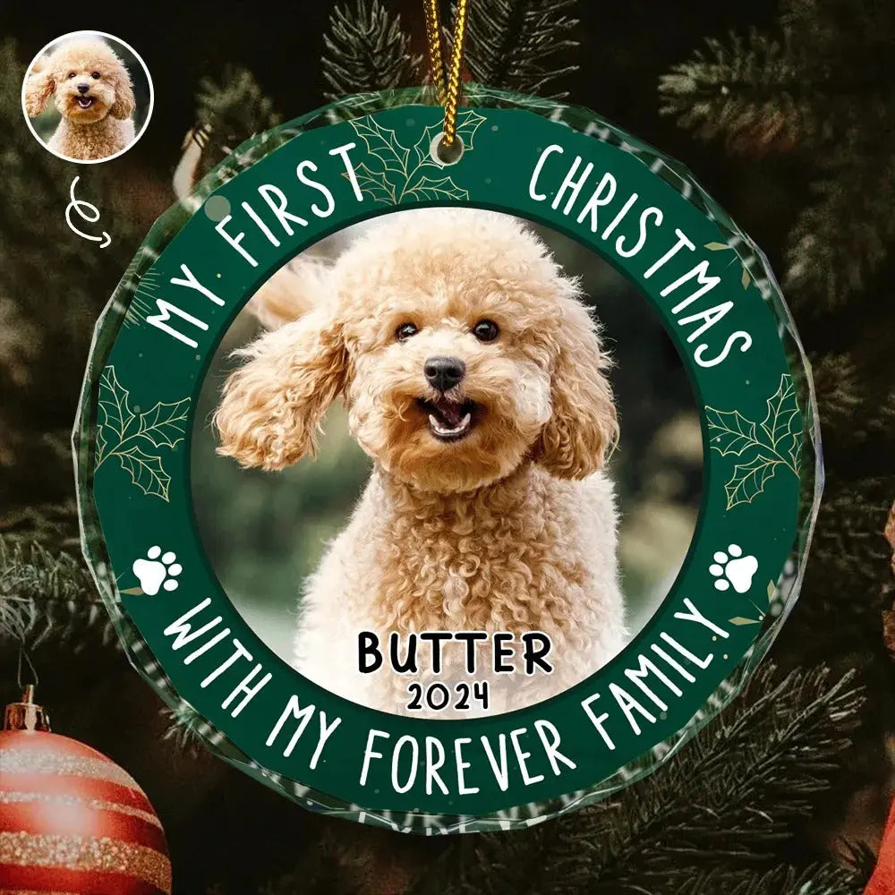 Custom Photo First Christmas Pet Lovers - Personalized Circle Acrylic Ornament