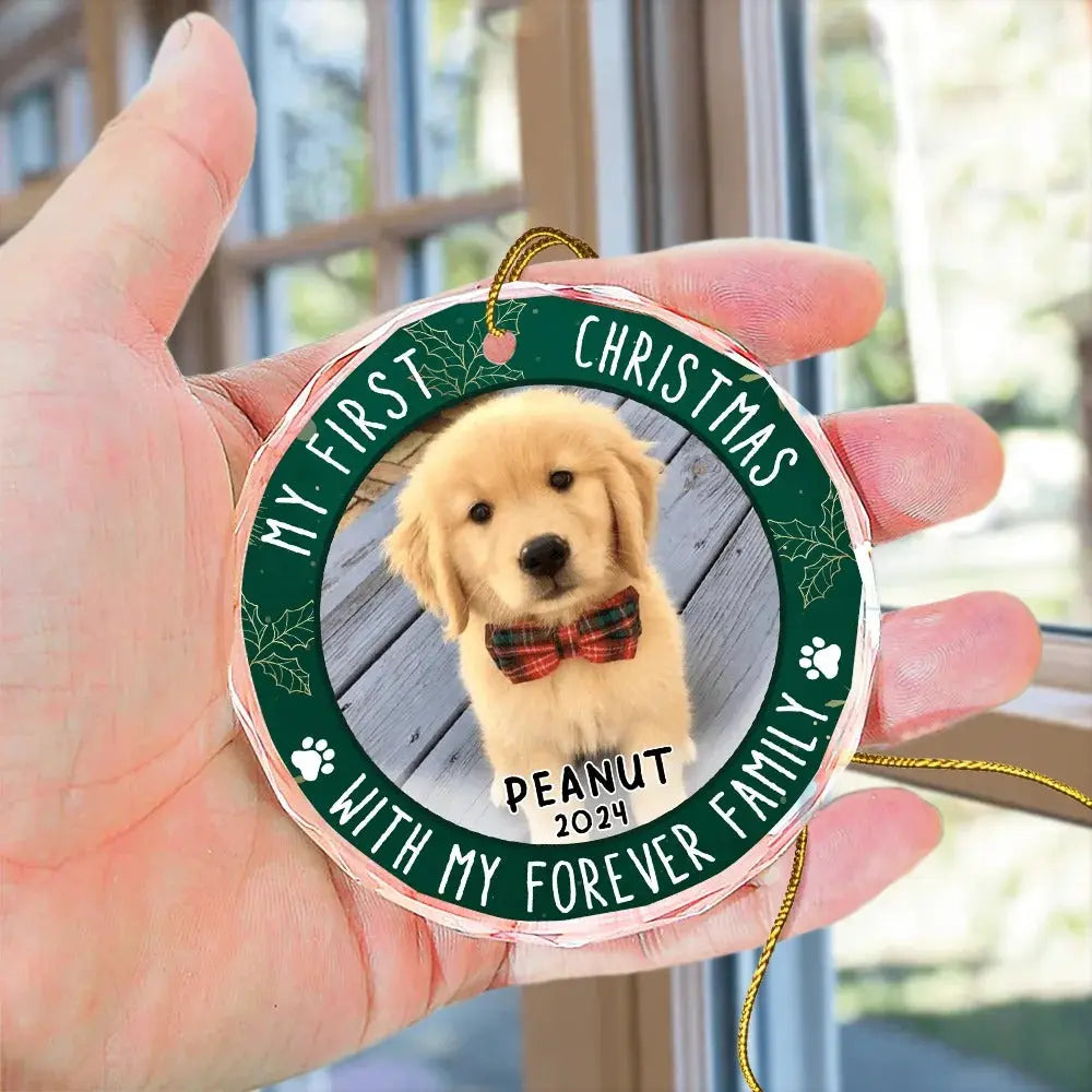 Custom Photo First Christmas Pet Lovers - Personalized Circle Acrylic Ornament