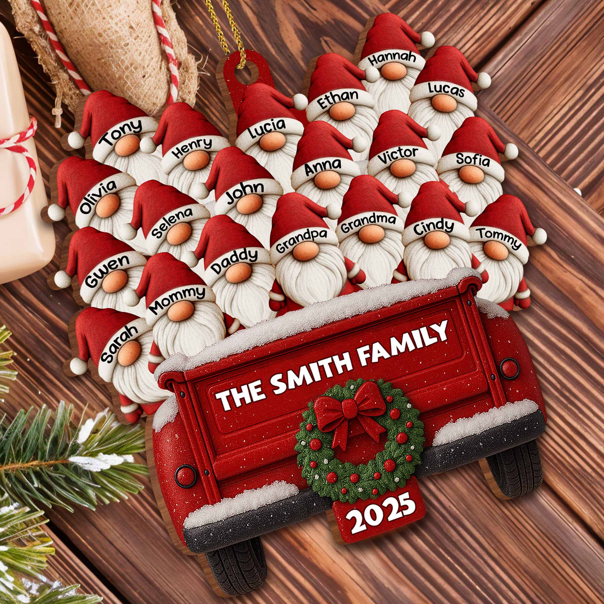 Family Vintage Truck Christmas Ornament - Personalized Custom Wood Ornament, Custom Shaped - FAM440_WDO