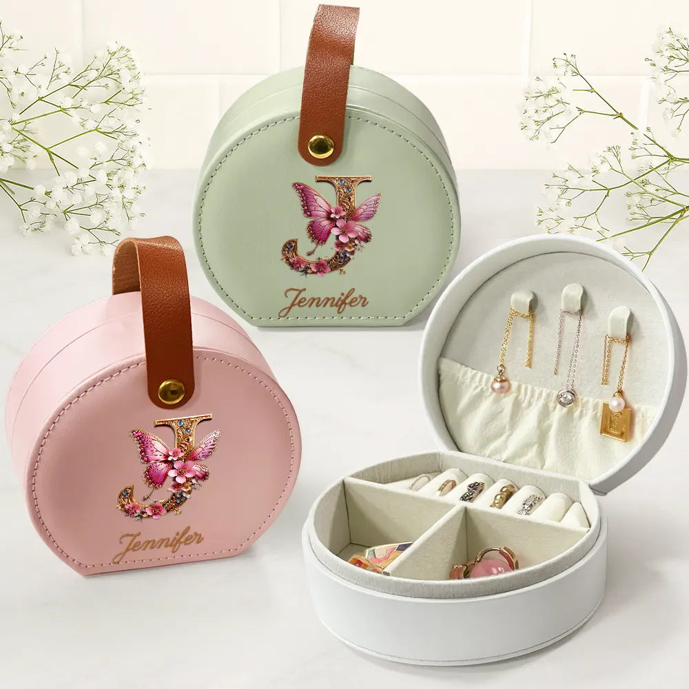 Flower Butterfly Monogram - Personalized Jewelry Box With Handle