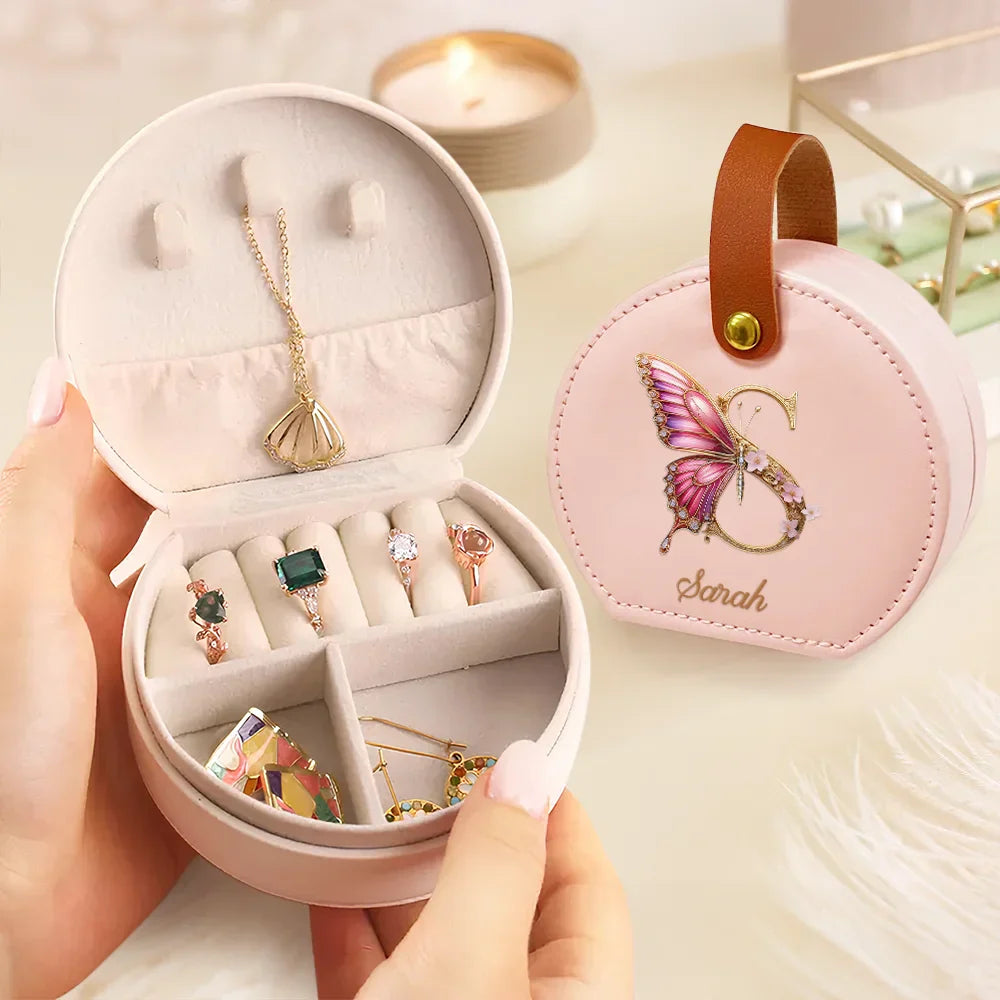 Flower Butterfly Monogram - Personalized Jewelry Box With Handle
