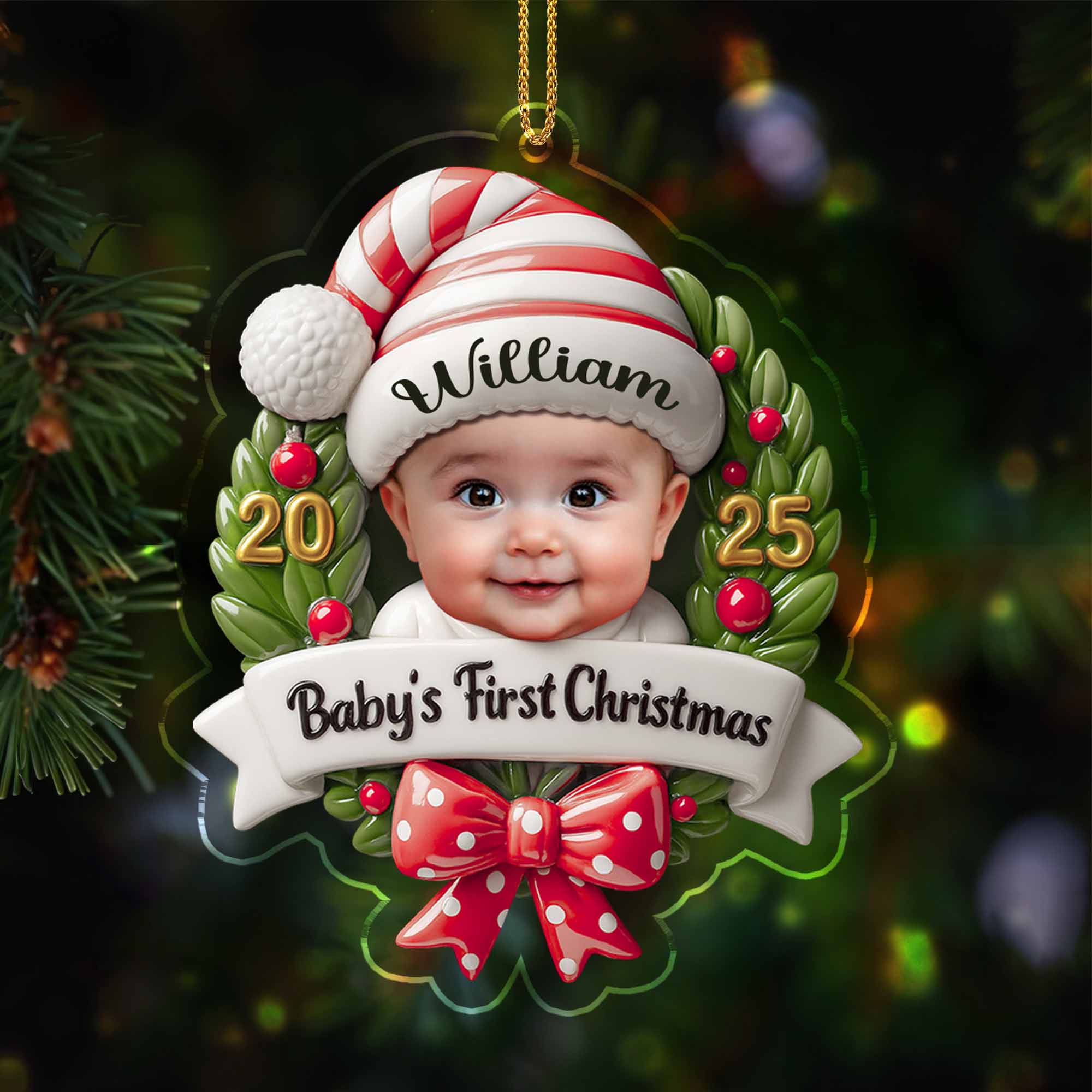 Baby's First Christmas, Baby and Christmas Wreath - Personalized Custom Acrylic Ornament, Christmas Gift - KID152_ACO