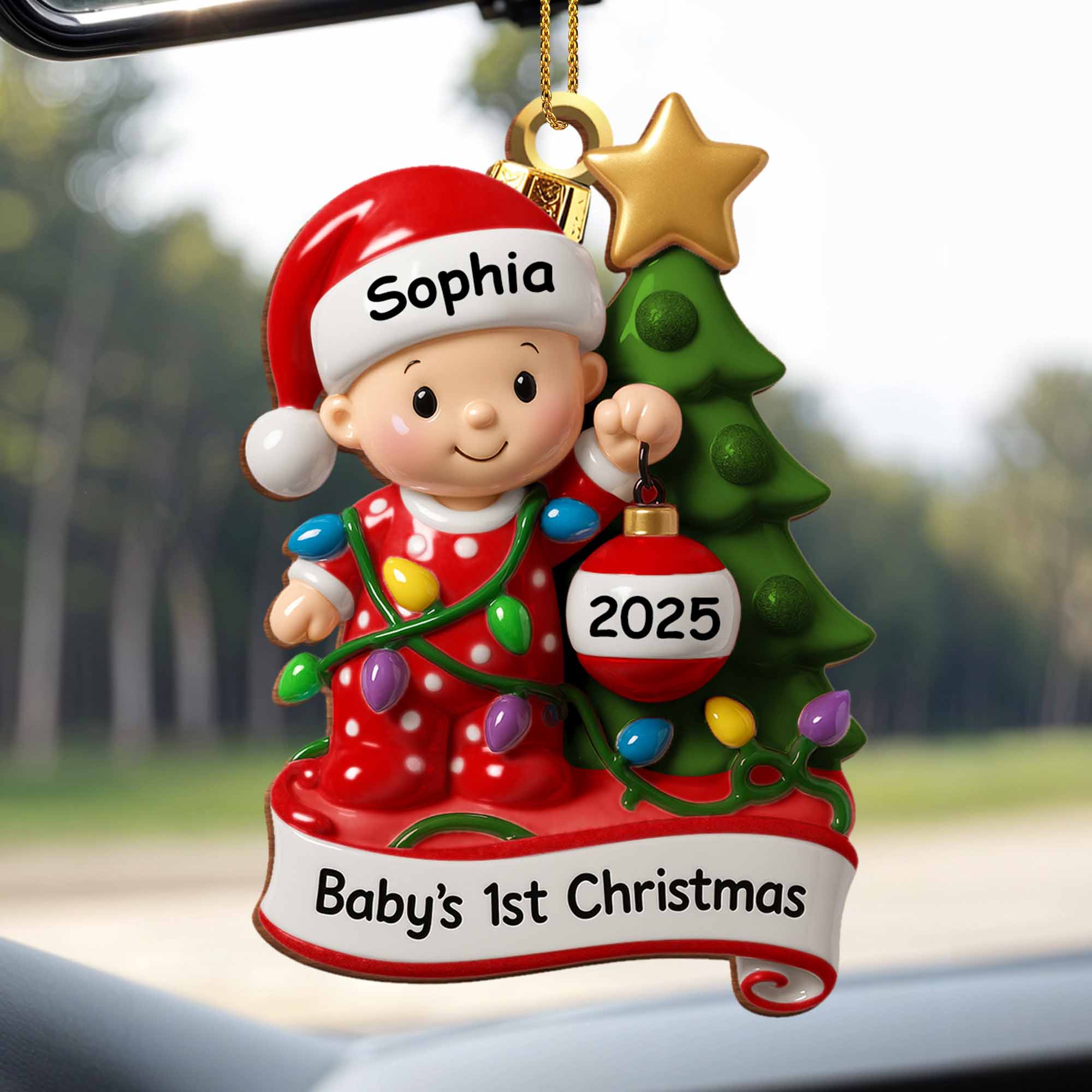 Baby's 1st Christmas With Festive Tree And Lights - Personalized Custom Wood Ornament, Custom Shaped - KID156_WDO