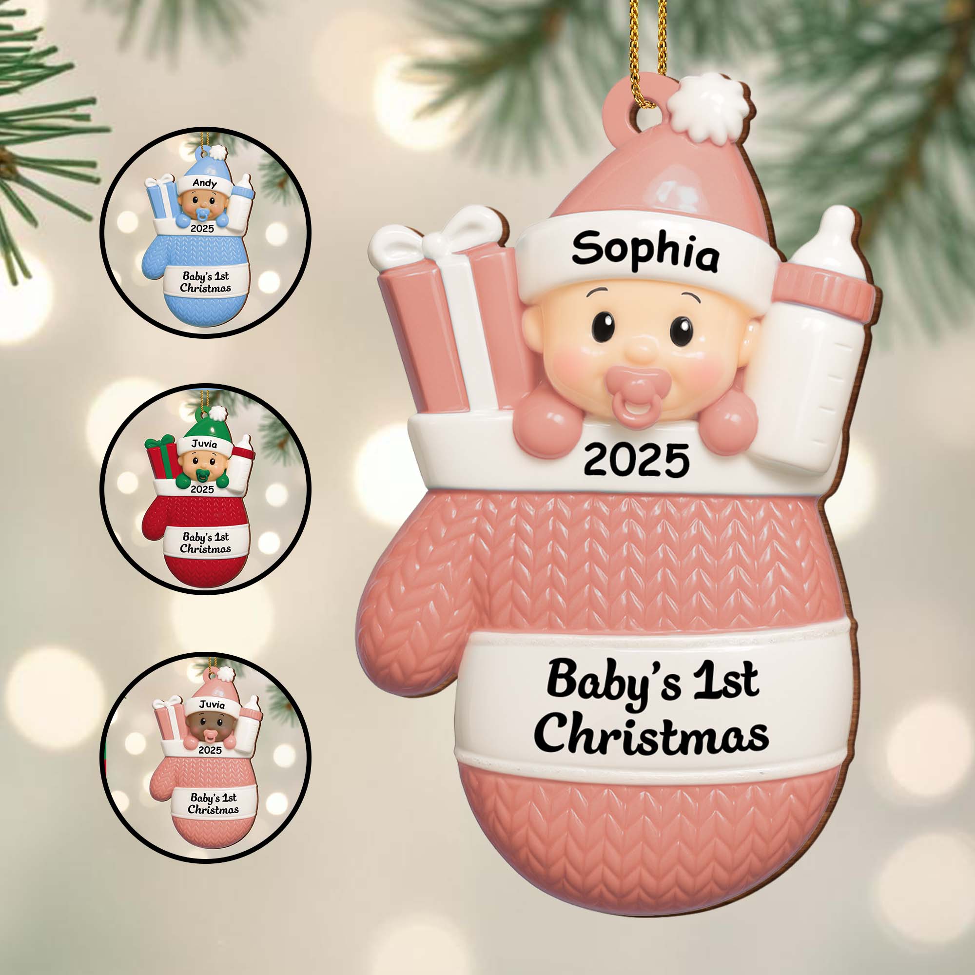 Baby's 1st Christmas, Baby With Gifts And Milk Bottle - Personalized Custom Wood Ornament, Custom Shaped - KID159_WDO