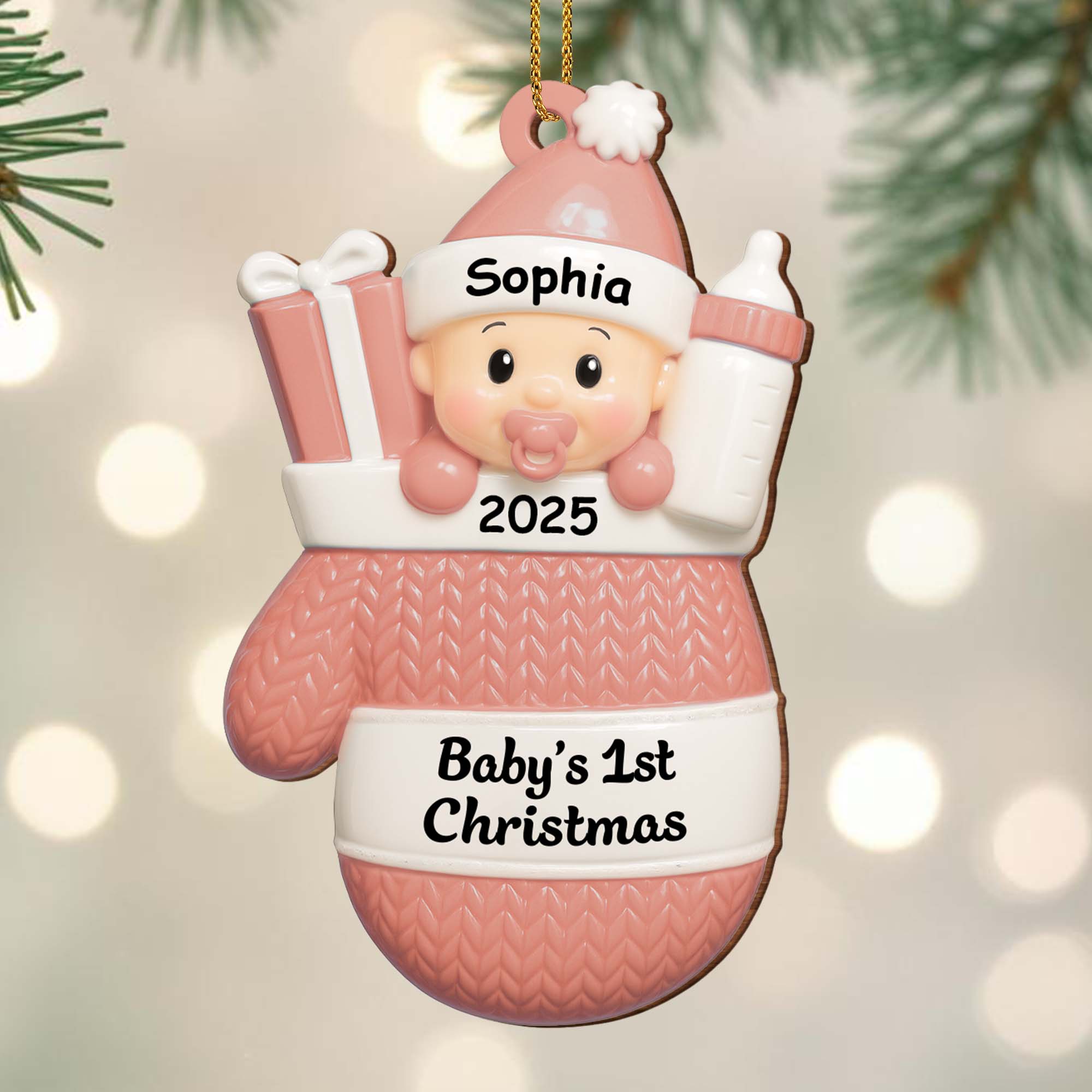 Baby's 1st Christmas, Baby With Gifts And Milk Bottle - Personalized Custom Wood Ornament, Custom Shaped - KID159_WDO
