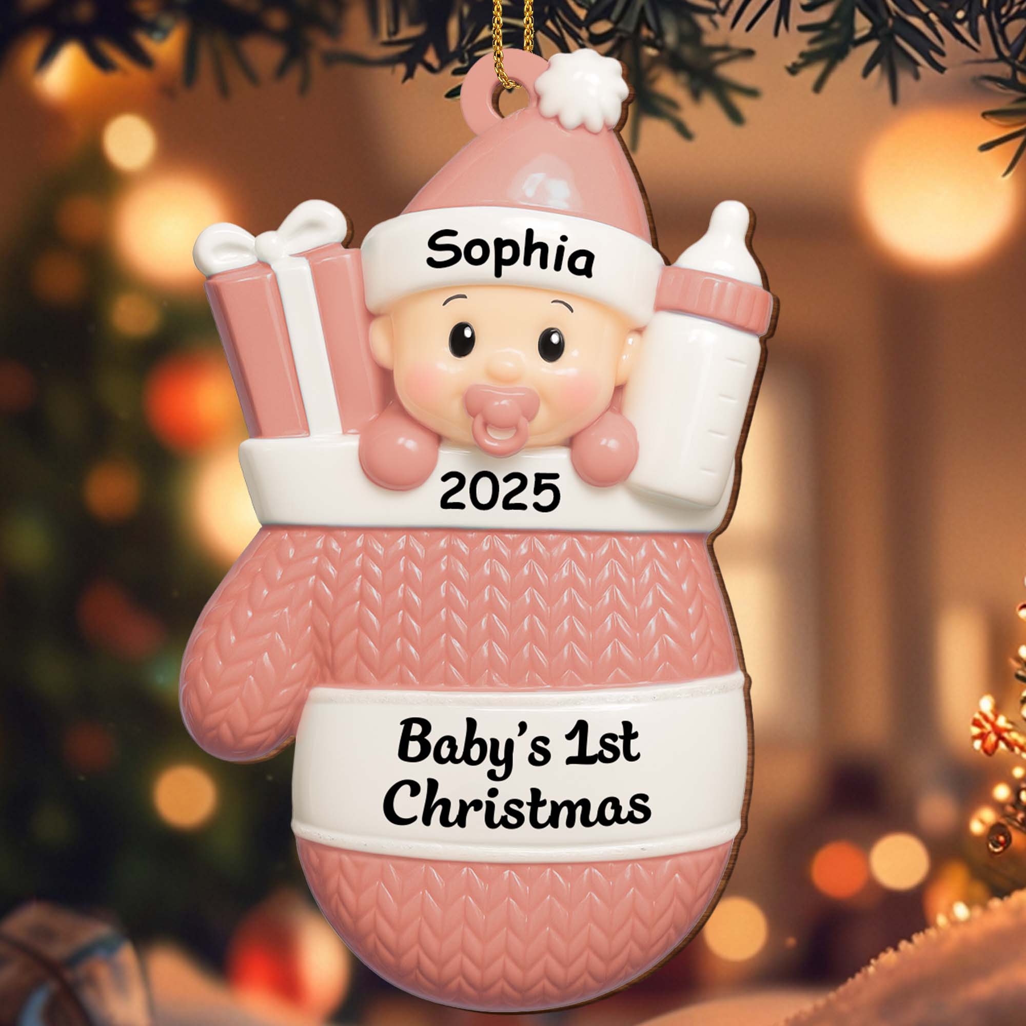 Baby's 1st Christmas, Baby With Gifts And Milk Bottle - Personalized Custom Wood Ornament, Custom Shaped - KID159_WDO