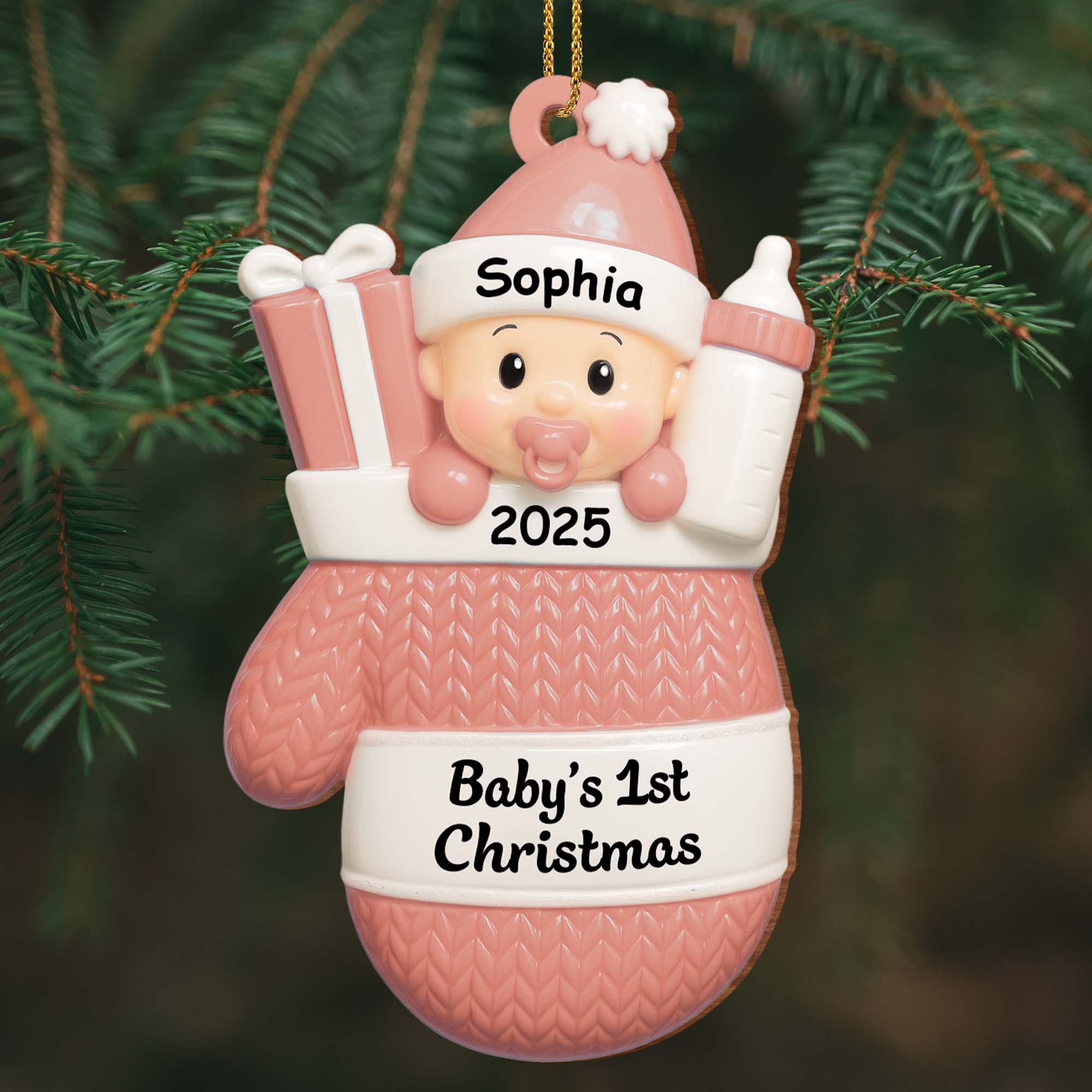 Baby's 1st Christmas, Baby With Gifts And Milk Bottle - Personalized Custom Wood Ornament, Custom Shaped - KID159_WDO