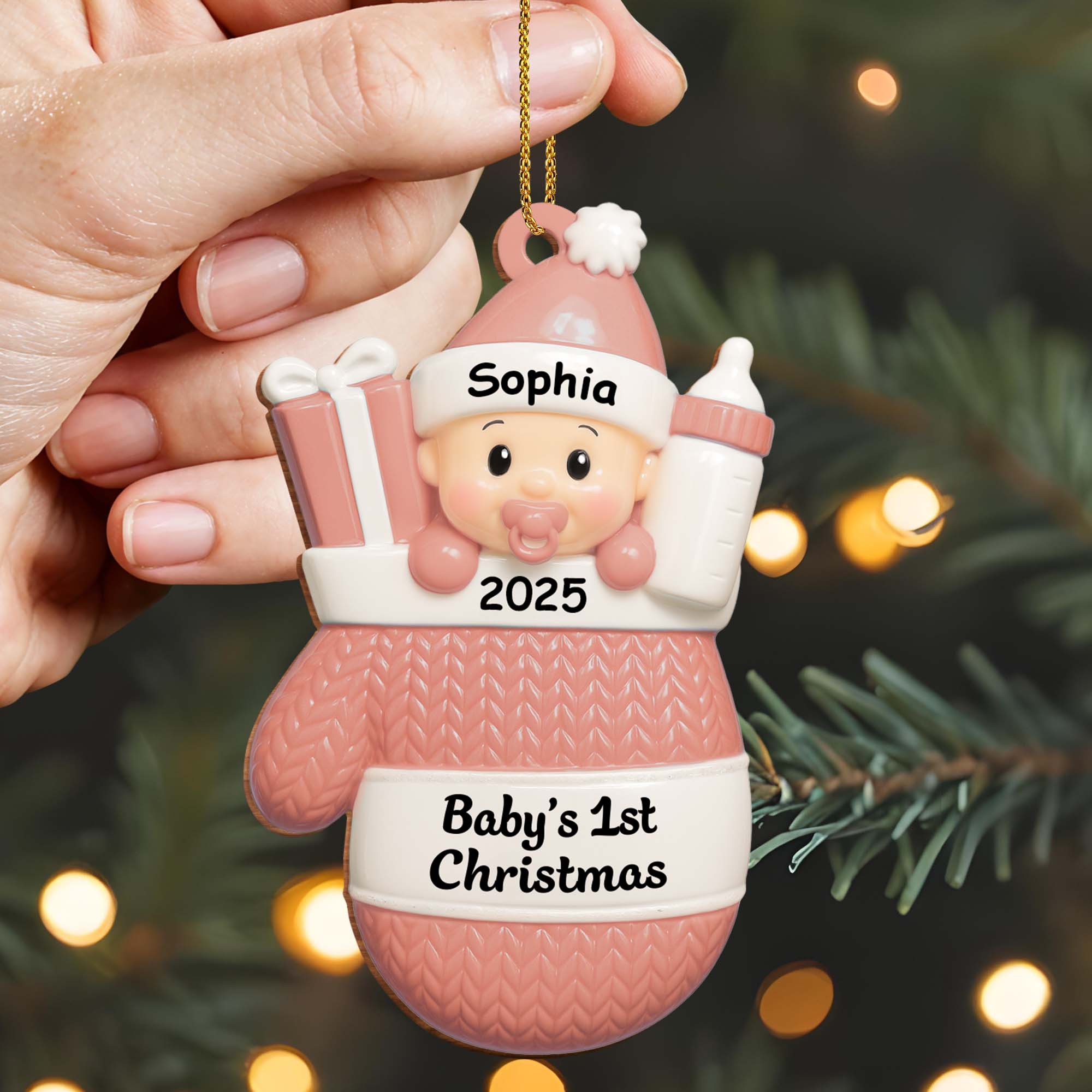 Baby's 1st Christmas, Baby With Gifts And Milk Bottle - Personalized Custom Wood Ornament, Custom Shaped - KID159_WDO