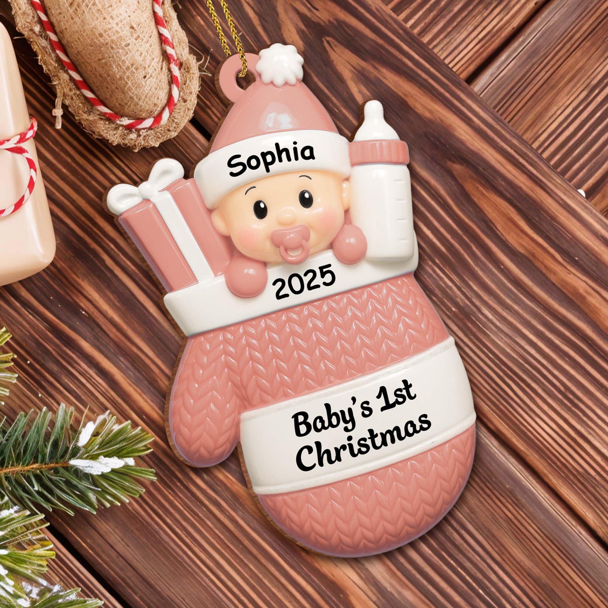 Baby's 1st Christmas, Baby With Gifts And Milk Bottle - Personalized Custom Wood Ornament, Custom Shaped - KID159_WDO