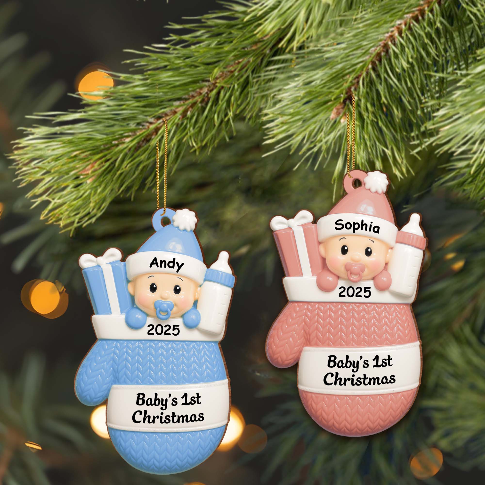 Baby's 1st Christmas, Baby With Gifts And Milk Bottle - Personalized Custom Wood Ornament, Custom Shaped - KID159_WDO
