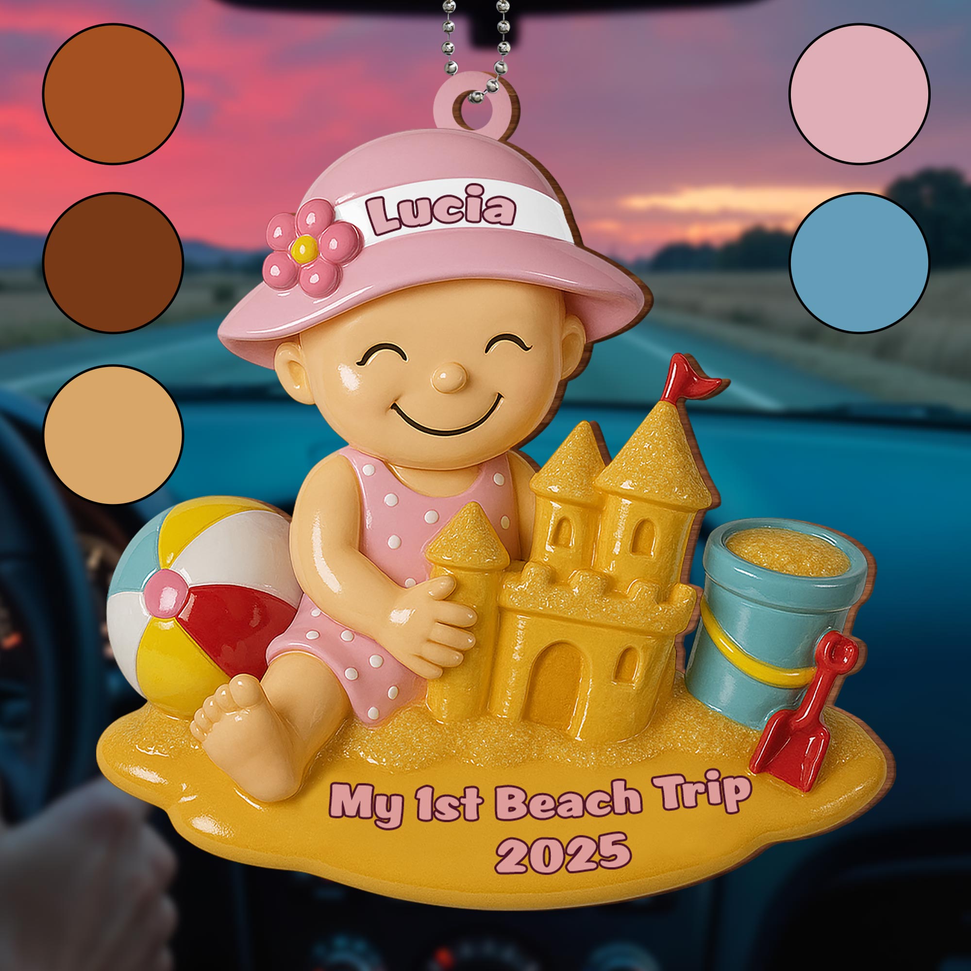My 1st Beach Trip, Beach Ball and Sand Castle - Personalized Custom Wood Ornament, Car Hanging Ornament - KID178_WCA