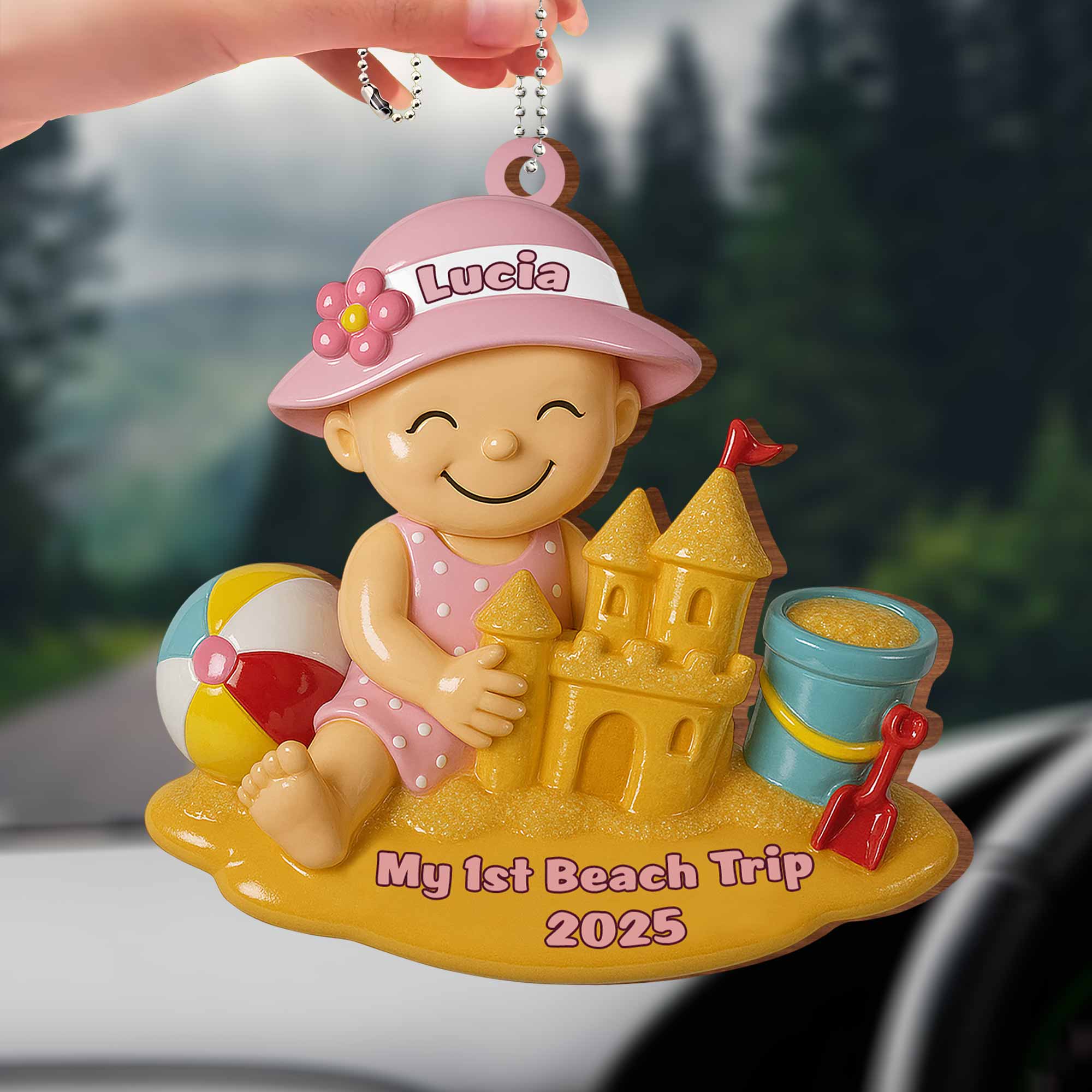 My 1st Beach Trip, Beach Ball and Sand Castle - Personalized Custom Wood Ornament, Car Hanging Ornament - KID178_WCA