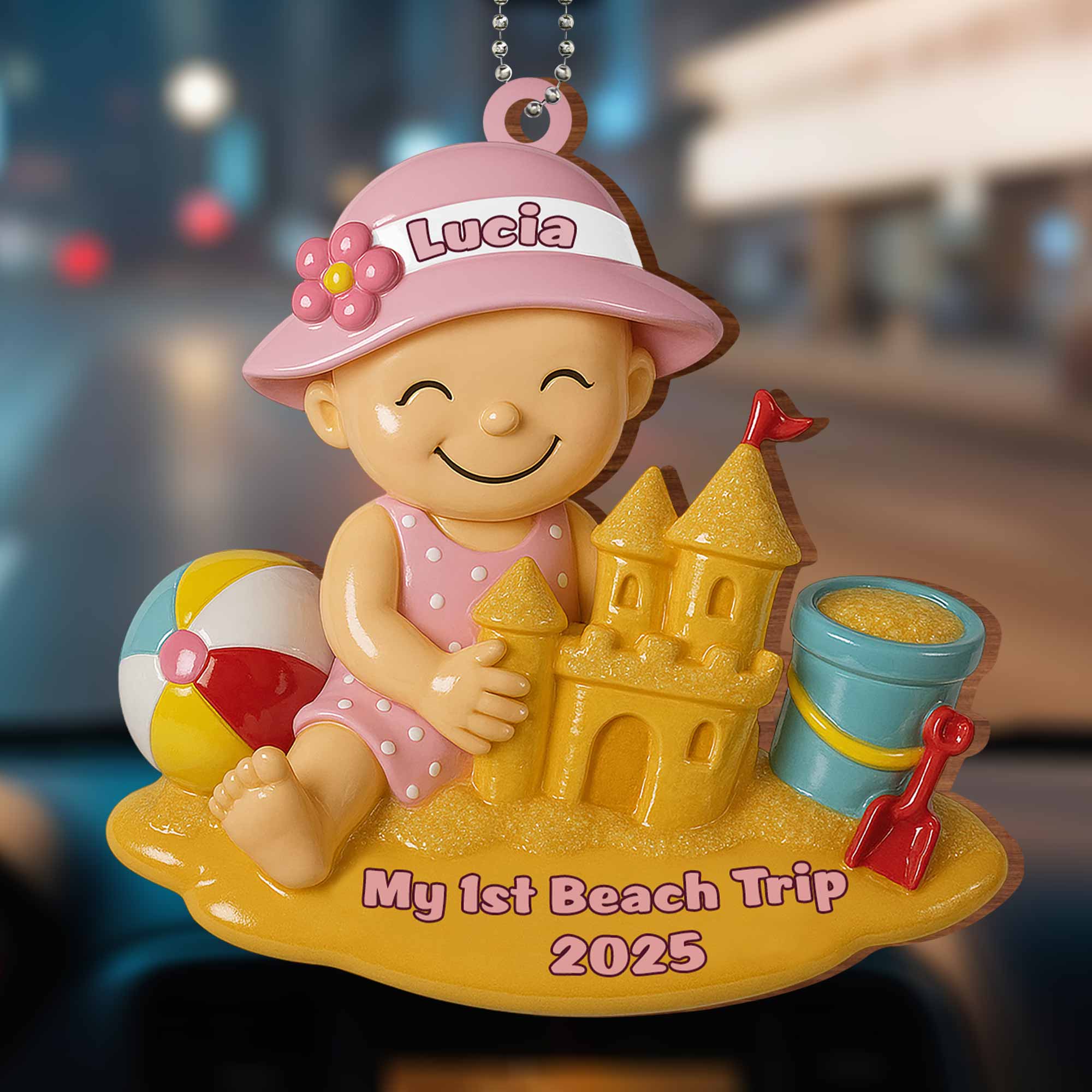 My 1st Beach Trip, Beach Ball and Sand Castle - Personalized Custom Wood Ornament, Car Hanging Ornament - KID178_WCA