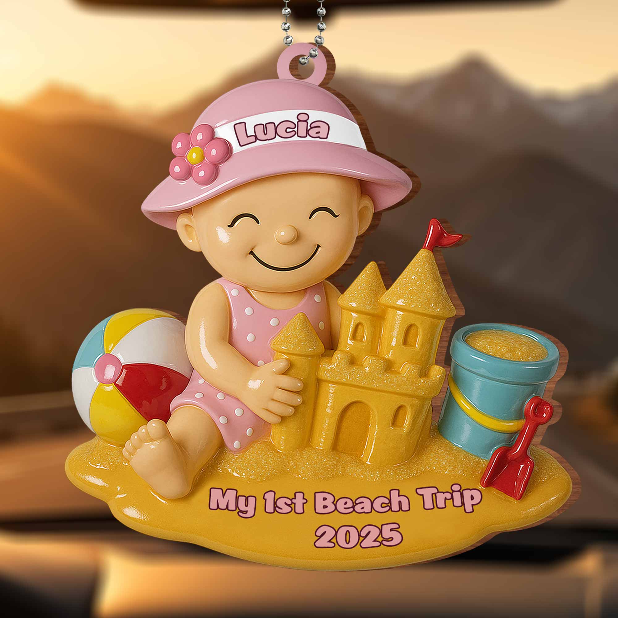 My 1st Beach Trip, Beach Ball and Sand Castle - Personalized Custom Wood Ornament, Car Hanging Ornament - KID178_WCA