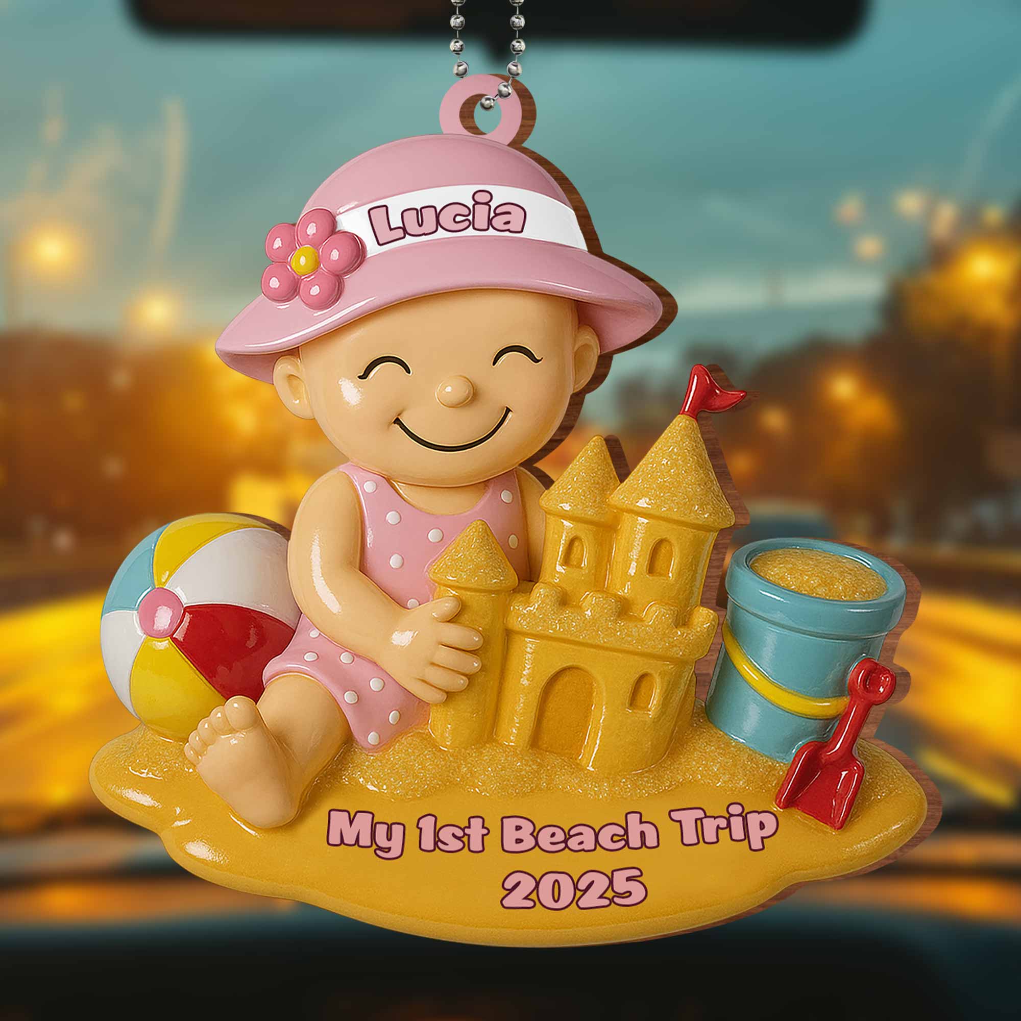 My 1st Beach Trip, Beach Ball and Sand Castle - Personalized Custom Wood Ornament, Car Hanging Ornament - KID178_WCA