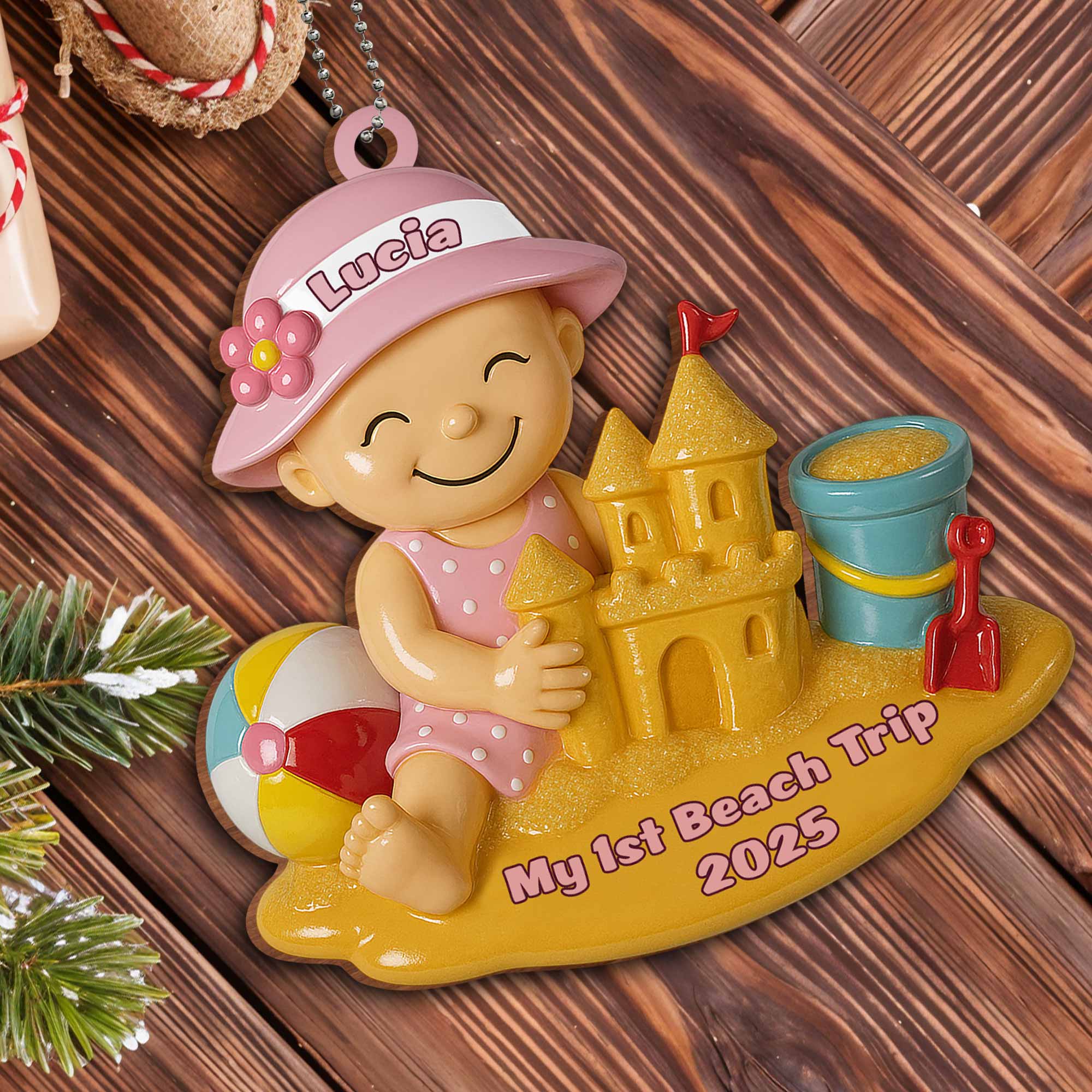 My 1st Beach Trip, Beach Ball and Sand Castle - Personalized Custom Wood Ornament, Car Hanging Ornament - KID178_WCA