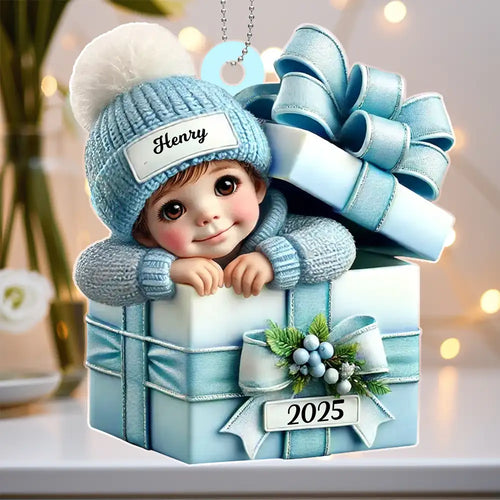 Acrylic Ornament - Personalized Christmas Keepsake Featuring Baby in Gift Box, Grandchild Holiday Gift Idea