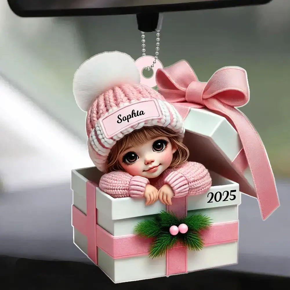 Acrylic Ornament - Personalized Christmas Keepsake Featuring Baby in Gift Box, Grandchild Holiday Gift Idea