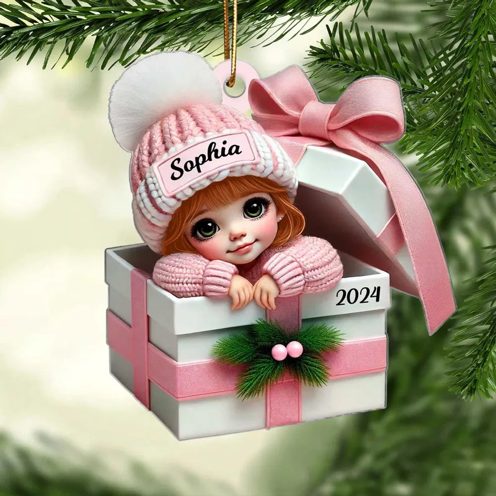 Acrylic Ornament - Personalized Christmas Keepsake Featuring Baby in Gift Box, Grandchild Holiday Gift Idea
