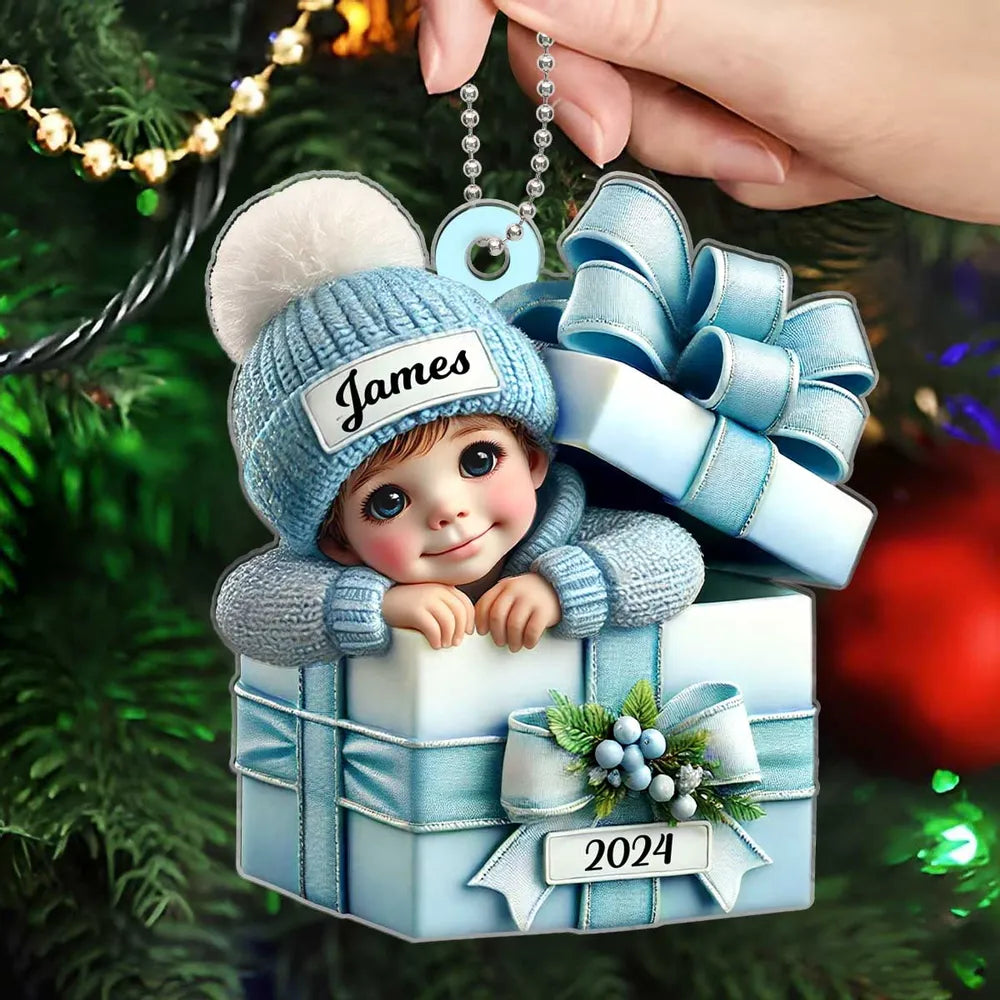 Acrylic Ornament - Personalized Christmas Keepsake Featuring Baby in Gift Box, Grandchild Holiday Gift Idea