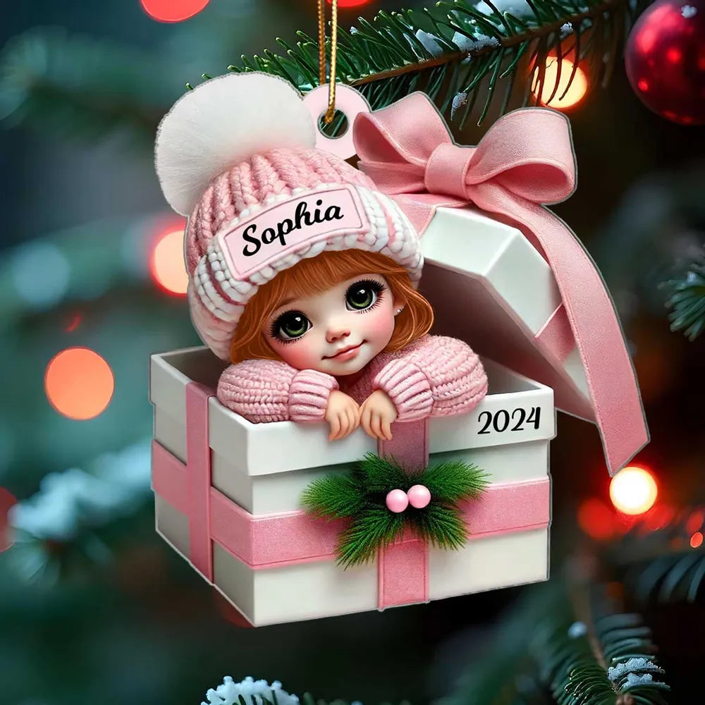 Acrylic Ornament - Personalized Christmas Keepsake Featuring Baby in Gift Box, Grandchild Holiday Gift Idea