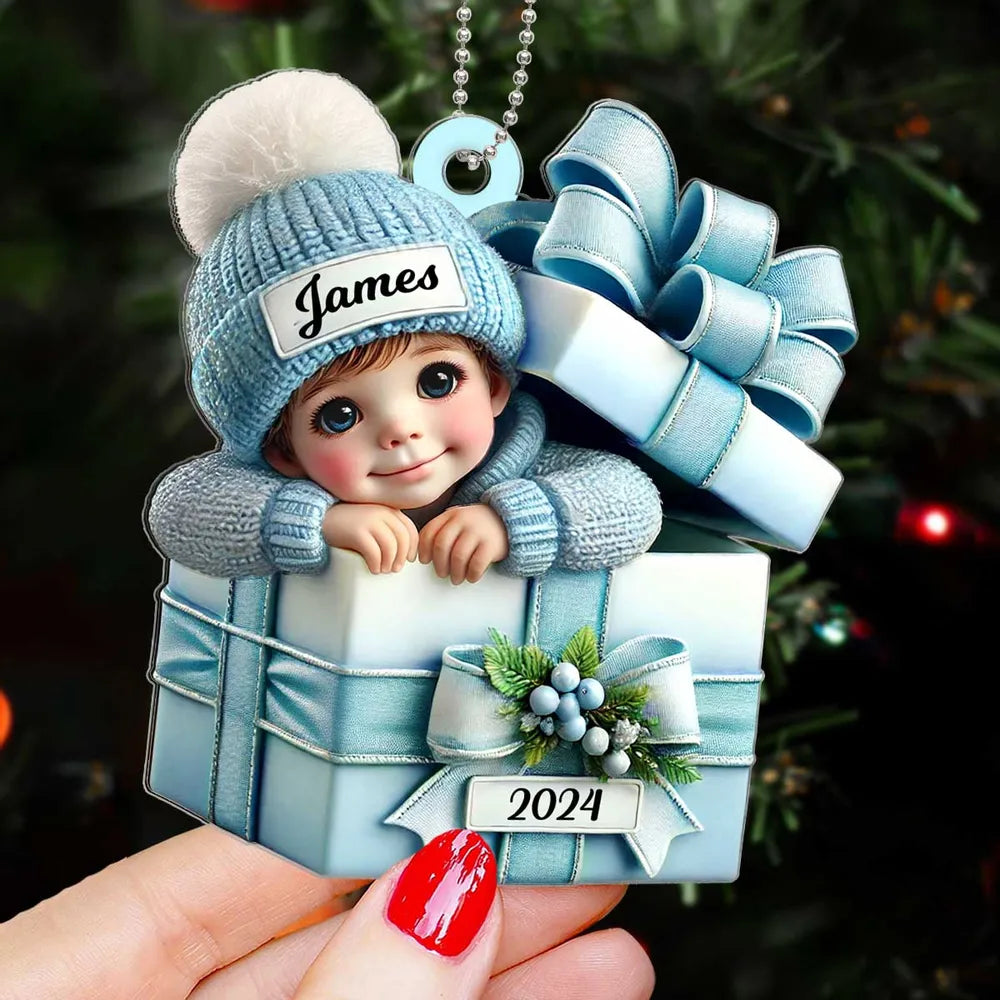 Acrylic Ornament - Personalized Christmas Keepsake Featuring Baby in Gift Box, Grandchild Holiday Gift Idea