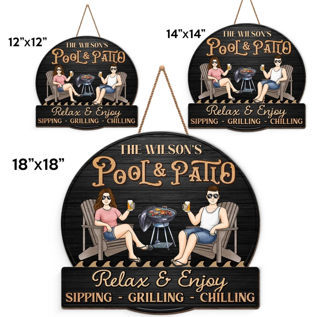Custom Home Decor Wood Sign - Personalized Anniversary Wedding Gifts For Husband And Wife, Him And Her - Just A Couple, Pool & Patio Sipping Chilling