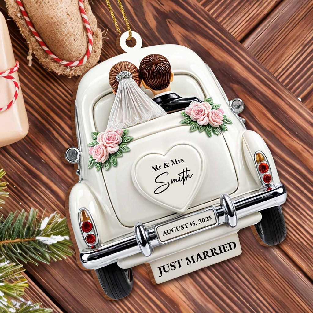 Just Married Celebration With Classic Wedding Car - Personalized Custom Wood Ornament, Custom Shaped - CPL114_WDO