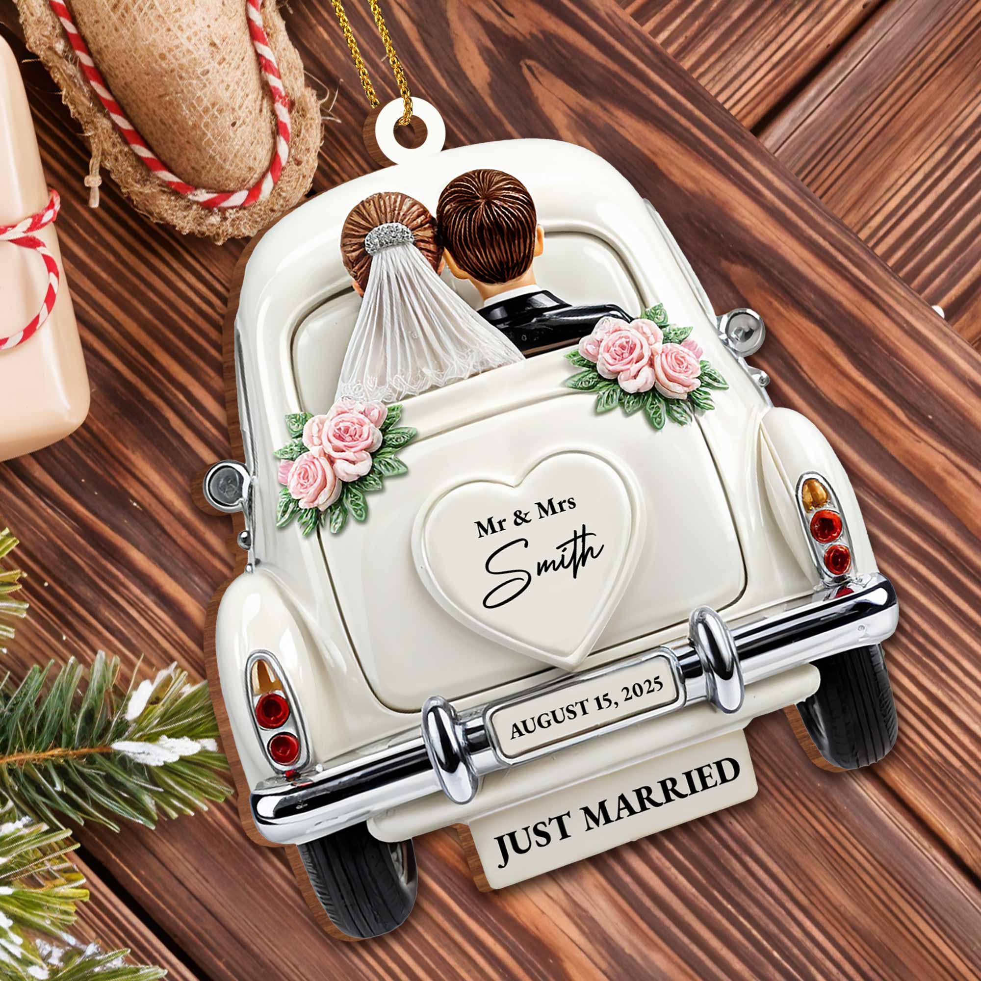Just Married Celebration With Classic Wedding Car - Personalized Custom Wood Ornament, Custom Shaped - CPL114_WDO