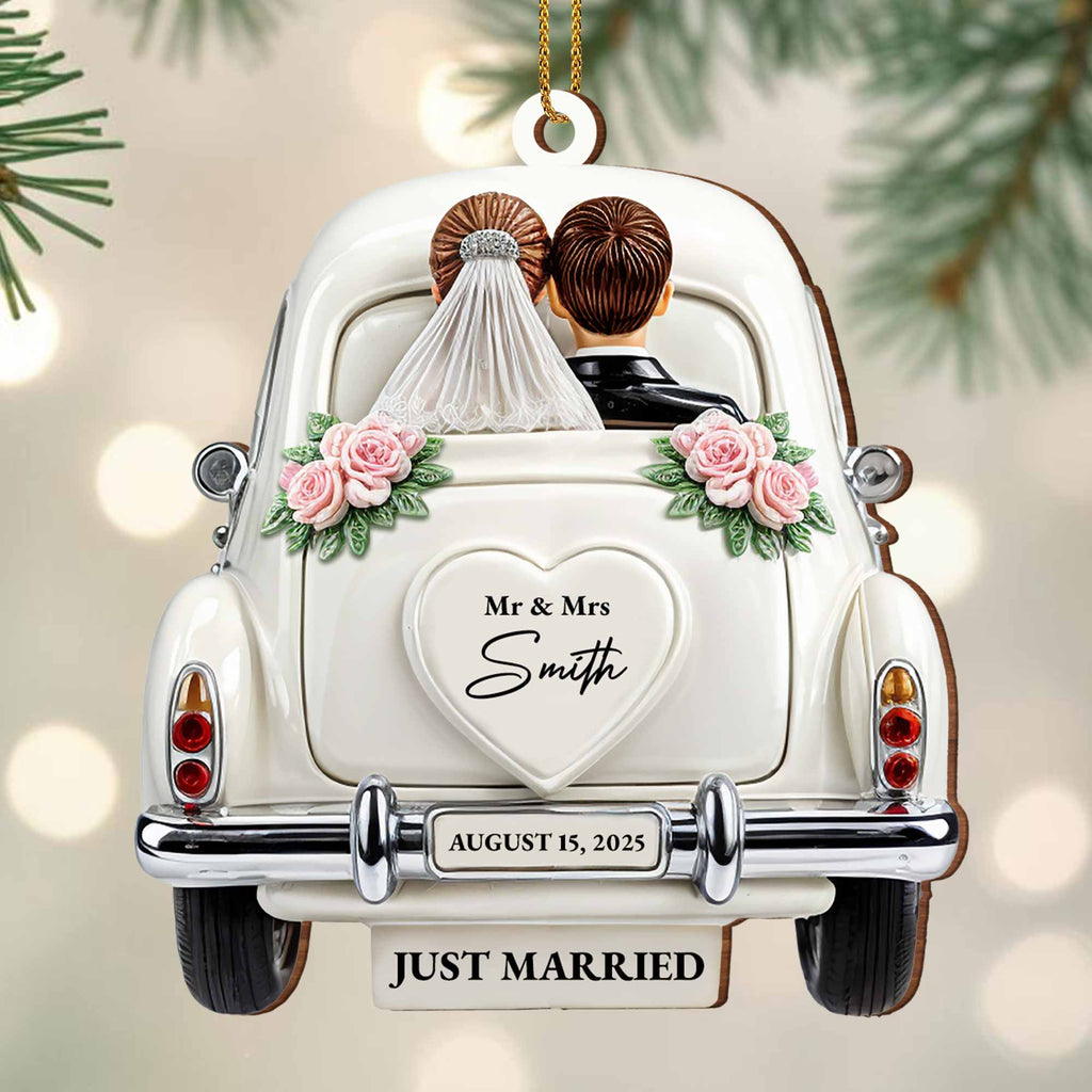 Just Married Celebration With Classic Wedding Car - Personalized Custom Wood Ornament, Custom Shaped - CPL114_WDO