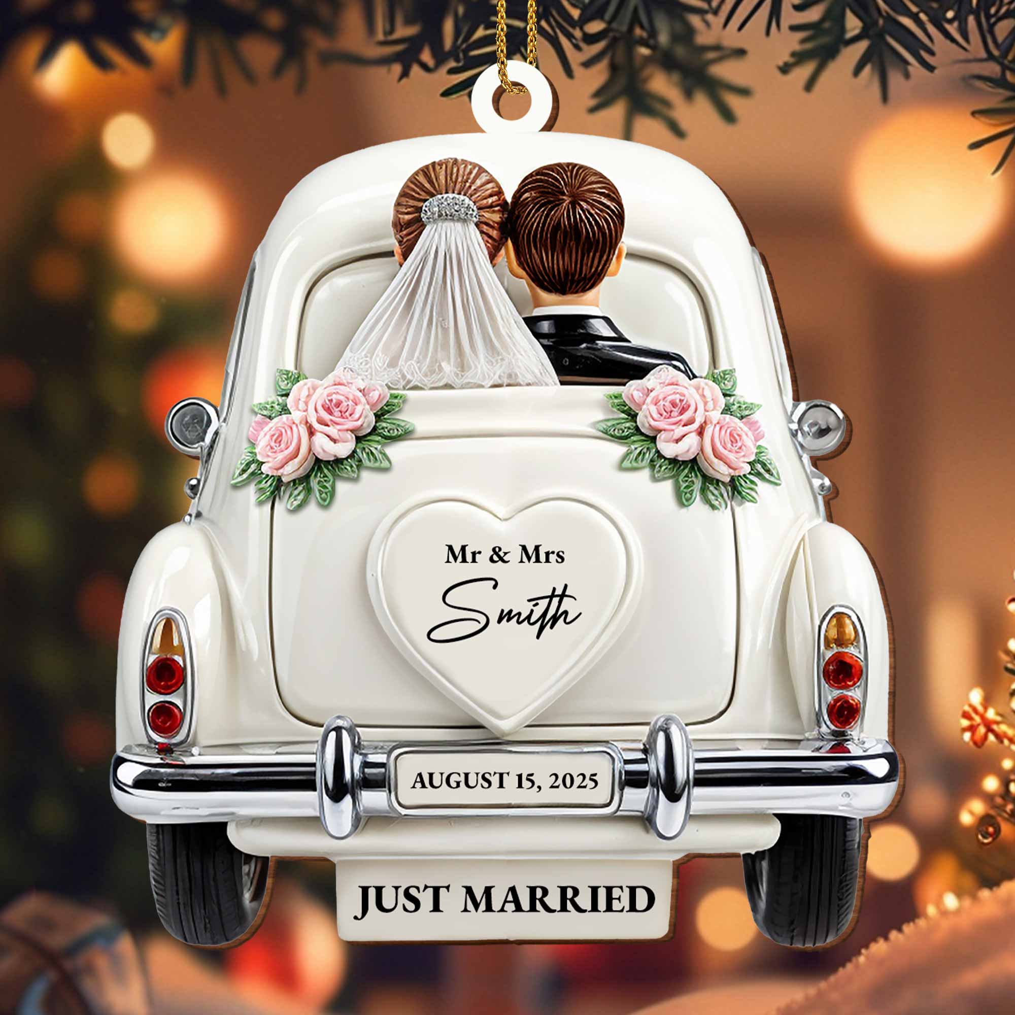 Just Married Celebration With Classic Wedding Car - Personalized Custom Wood Ornament, Custom Shaped - CPL114_WDO