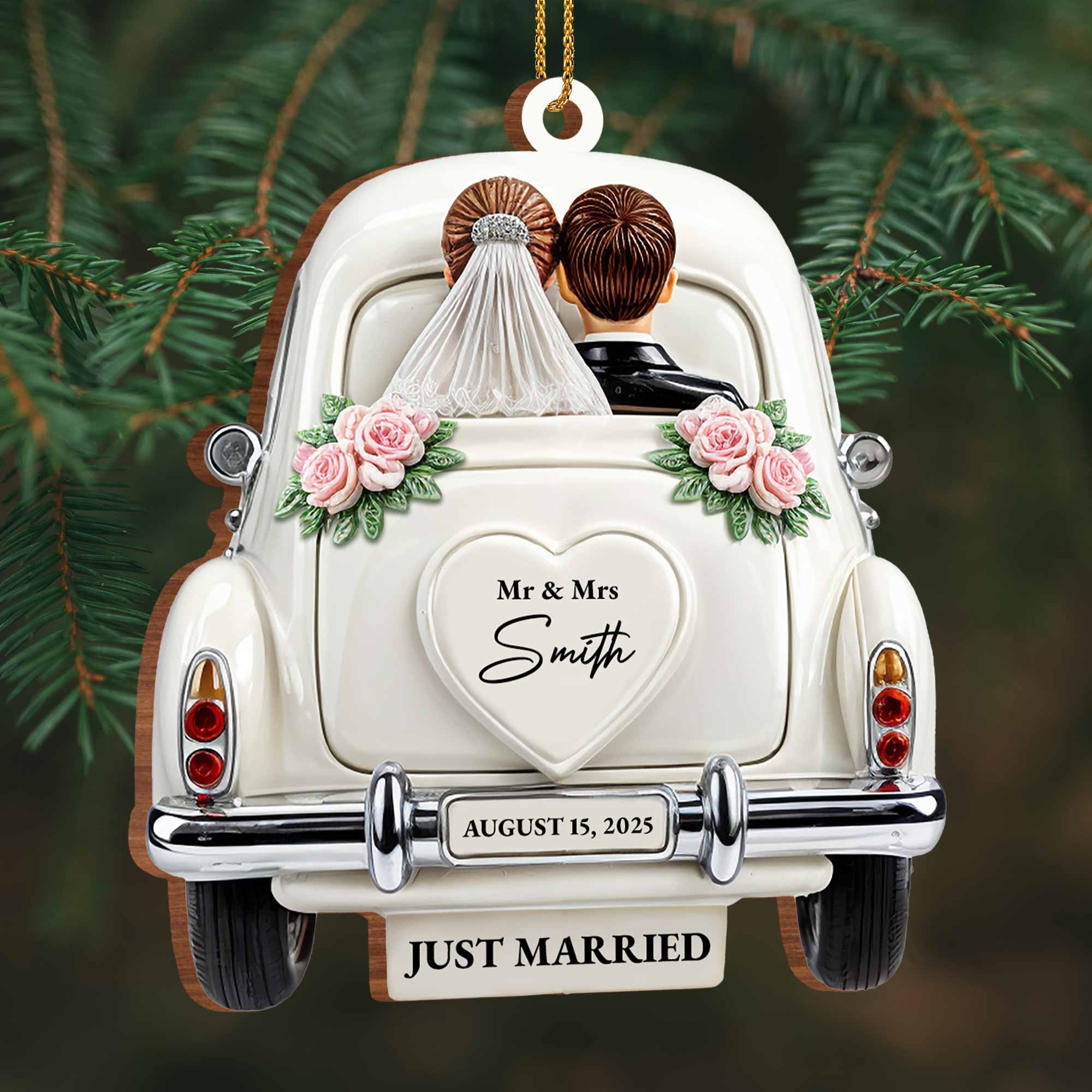 Just Married Celebration With Classic Wedding Car - Personalized Custom Wood Ornament, Custom Shaped - CPL114_WDO