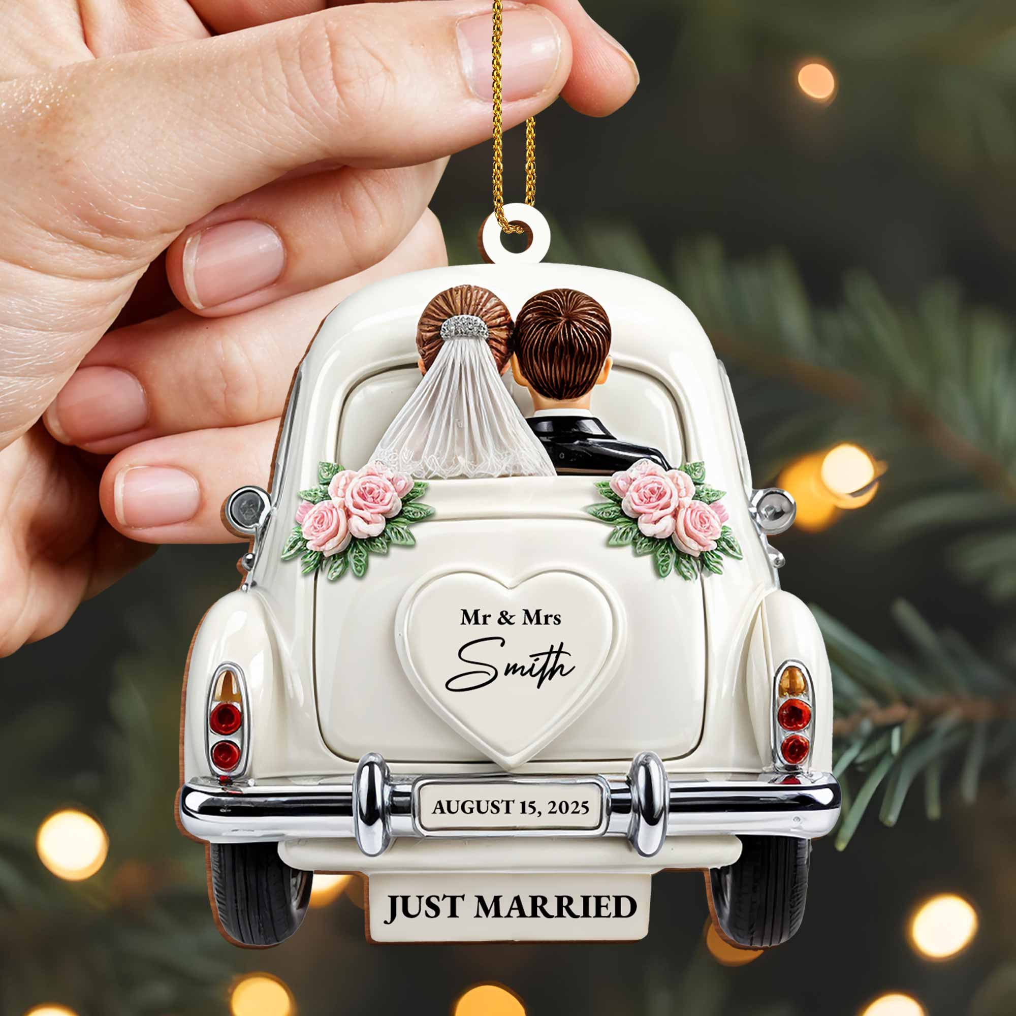 Just Married Celebration With Classic Wedding Car - Personalized Custom Wood Ornament, Custom Shaped - CPL114_WDO
