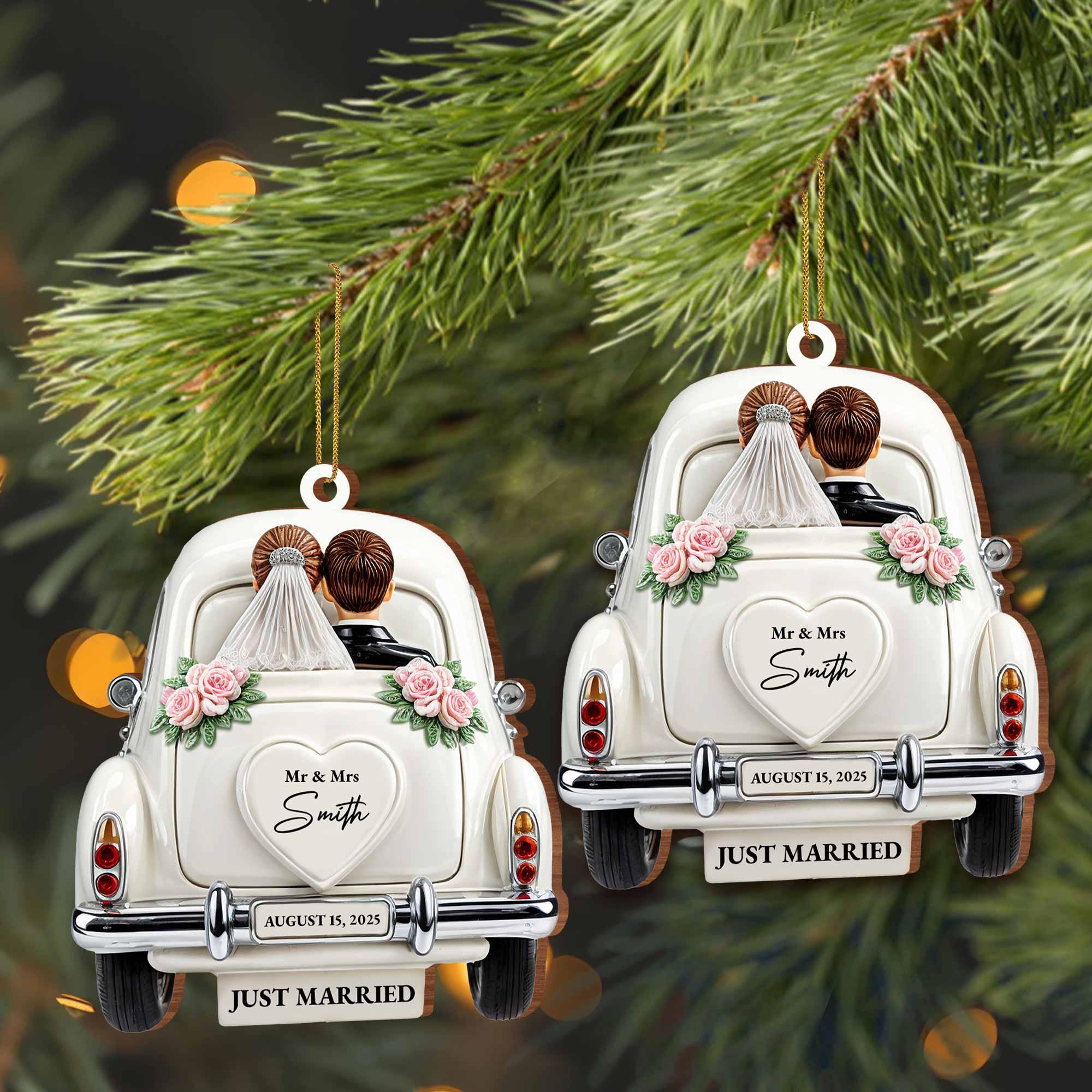 Just Married Celebration With Classic Wedding Car - Personalized Custom Wood Ornament, Custom Shaped - CPL114_WDO